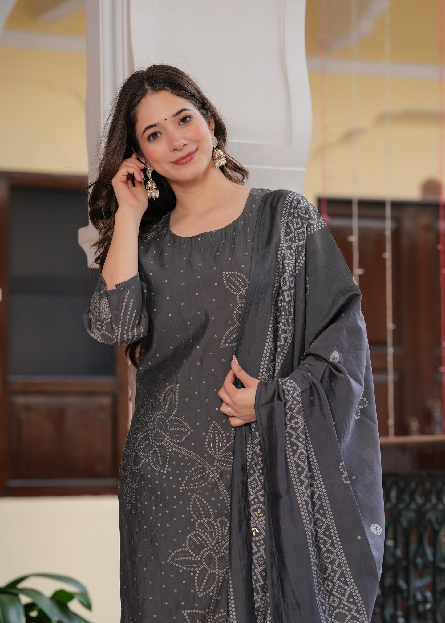 Grey Viscose Straight Printed Kurta and Palazzo With Dupatta