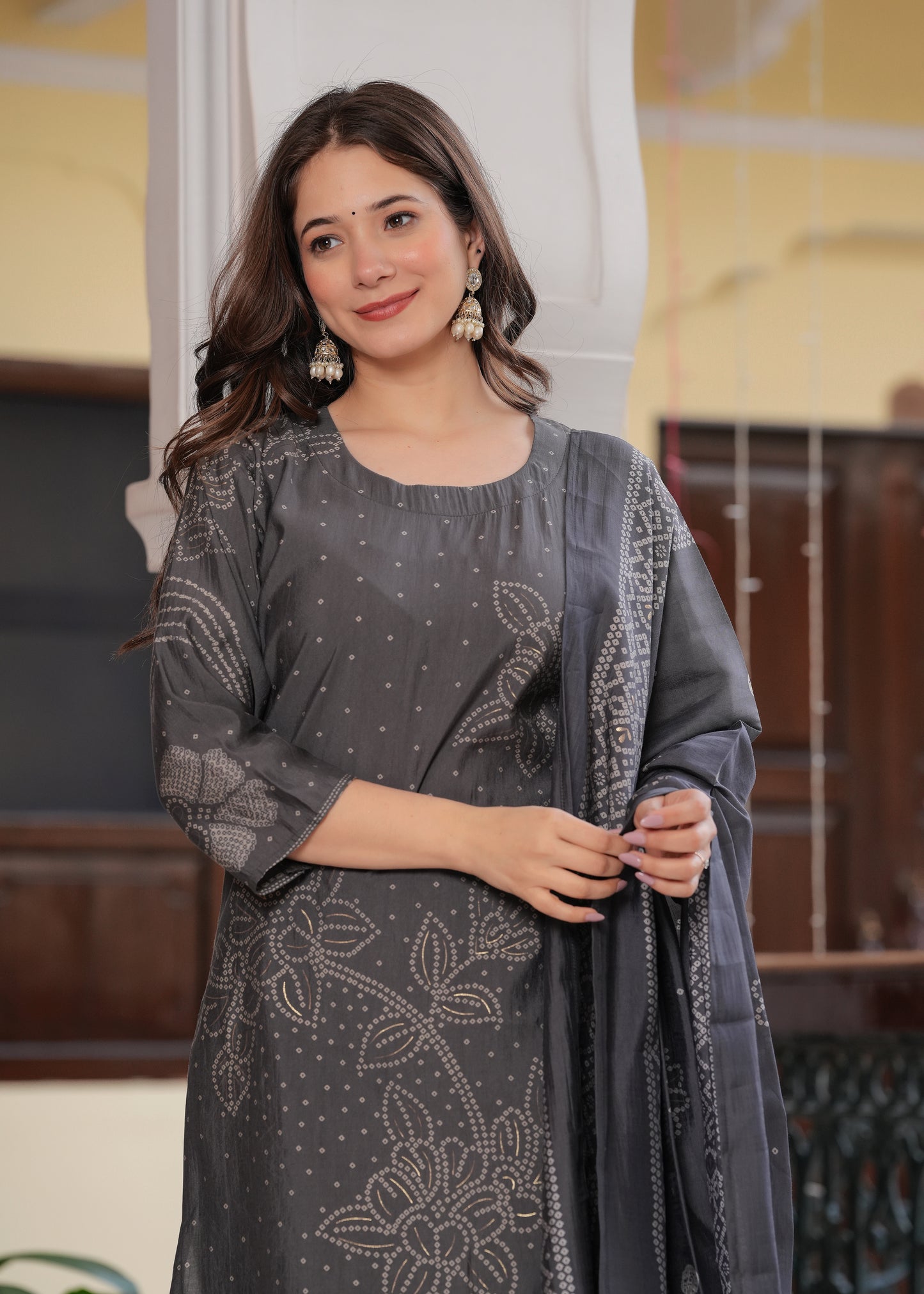 Grey Viscose Straight Printed Kurta and Palazzo With Dupatta