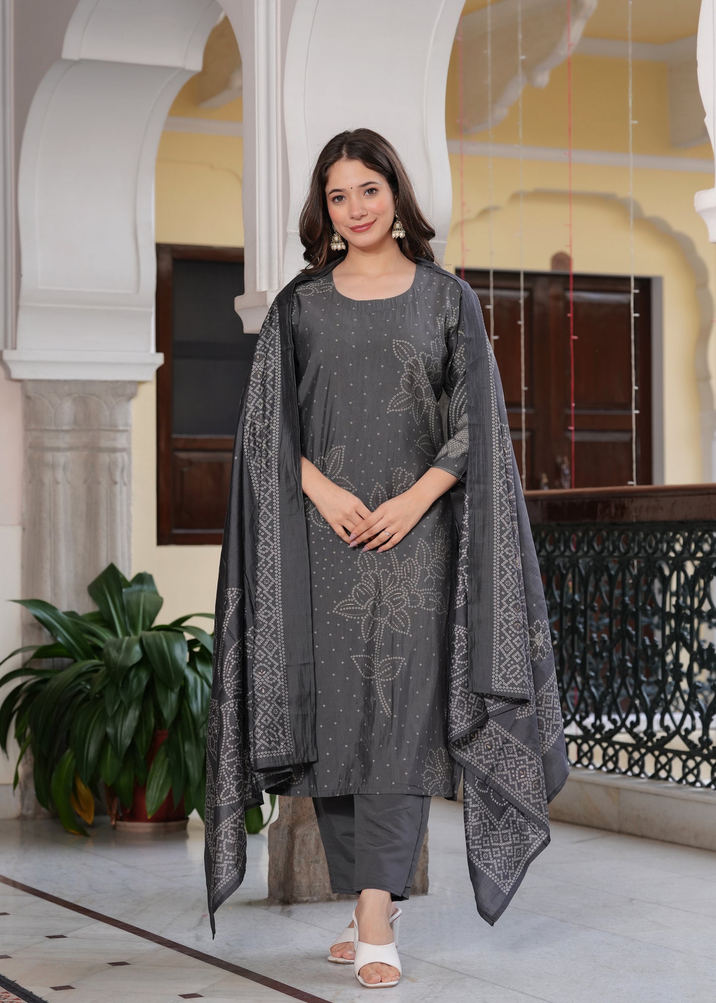 Grey Viscose Straight Printed Kurta and Palazzo With Dupatta