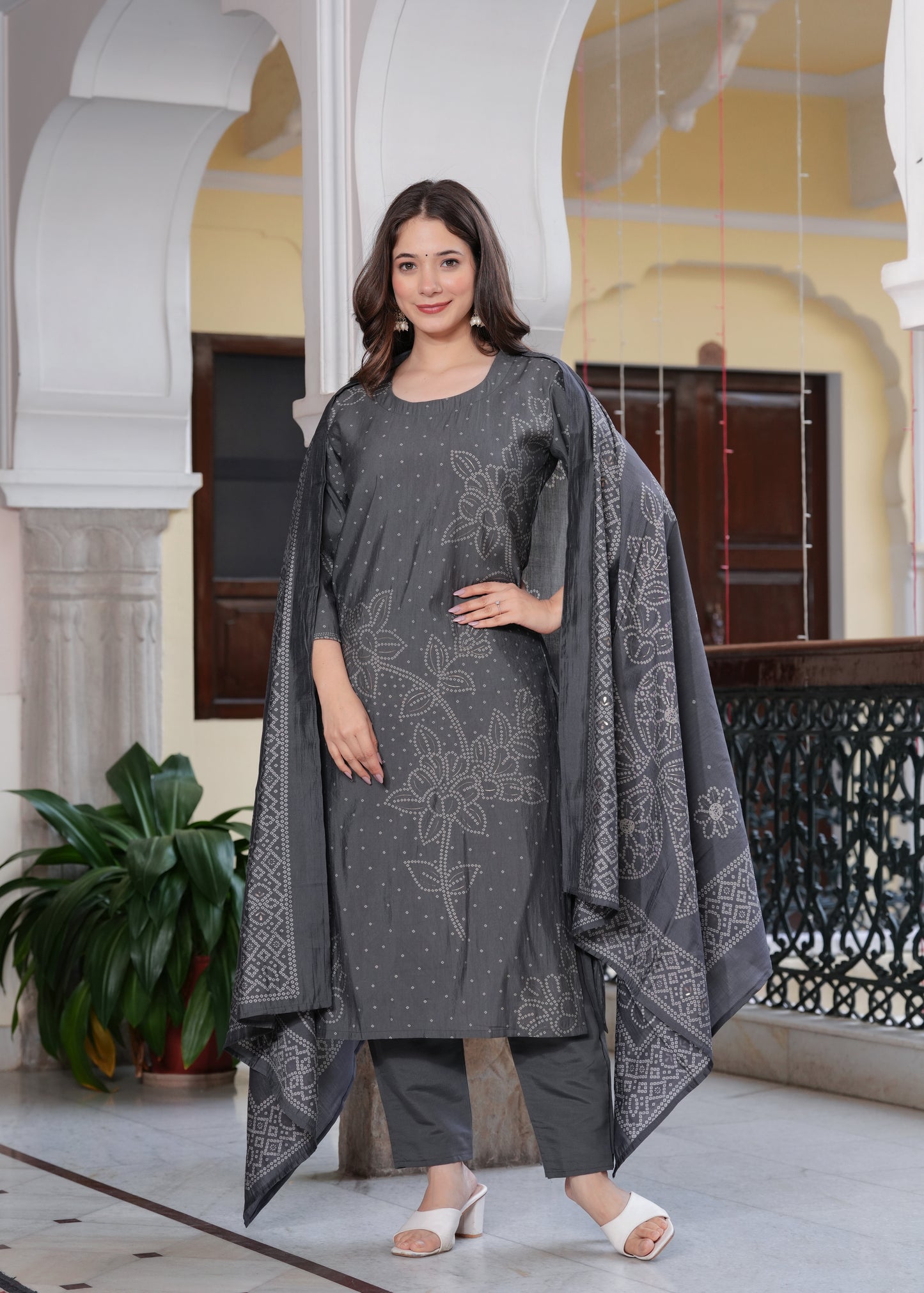 Grey Viscose Straight Printed Kurta and Palazzo With Dupatta