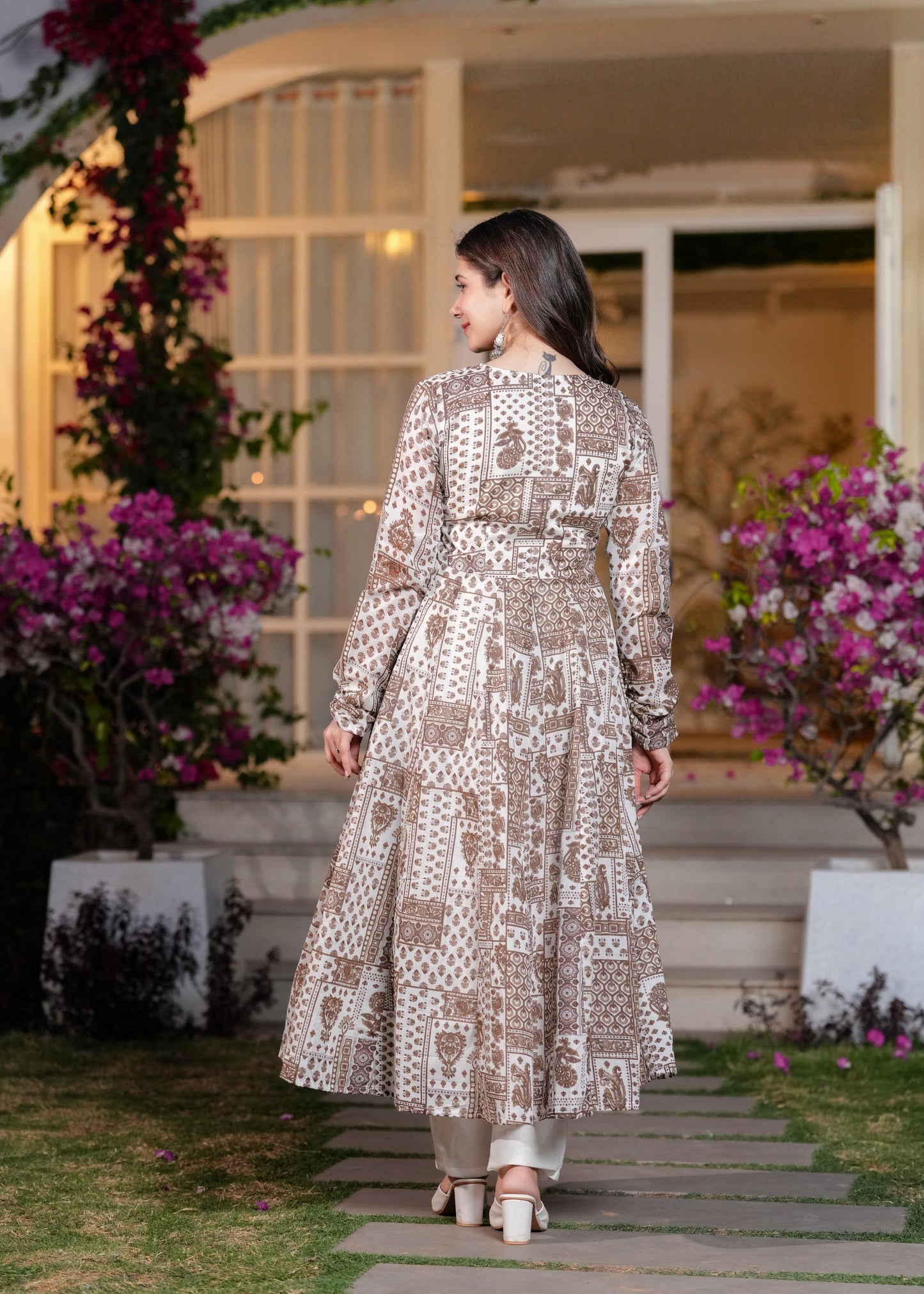 Brown Cambric Cotton Ethnic Motif Anarkali Kurta With Palazzo Set