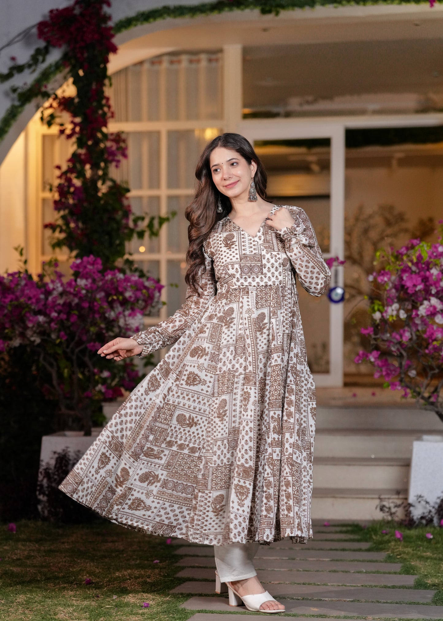 Brown Cambric Cotton Ethnic Motif Anarkali Kurta With Palazzo Set