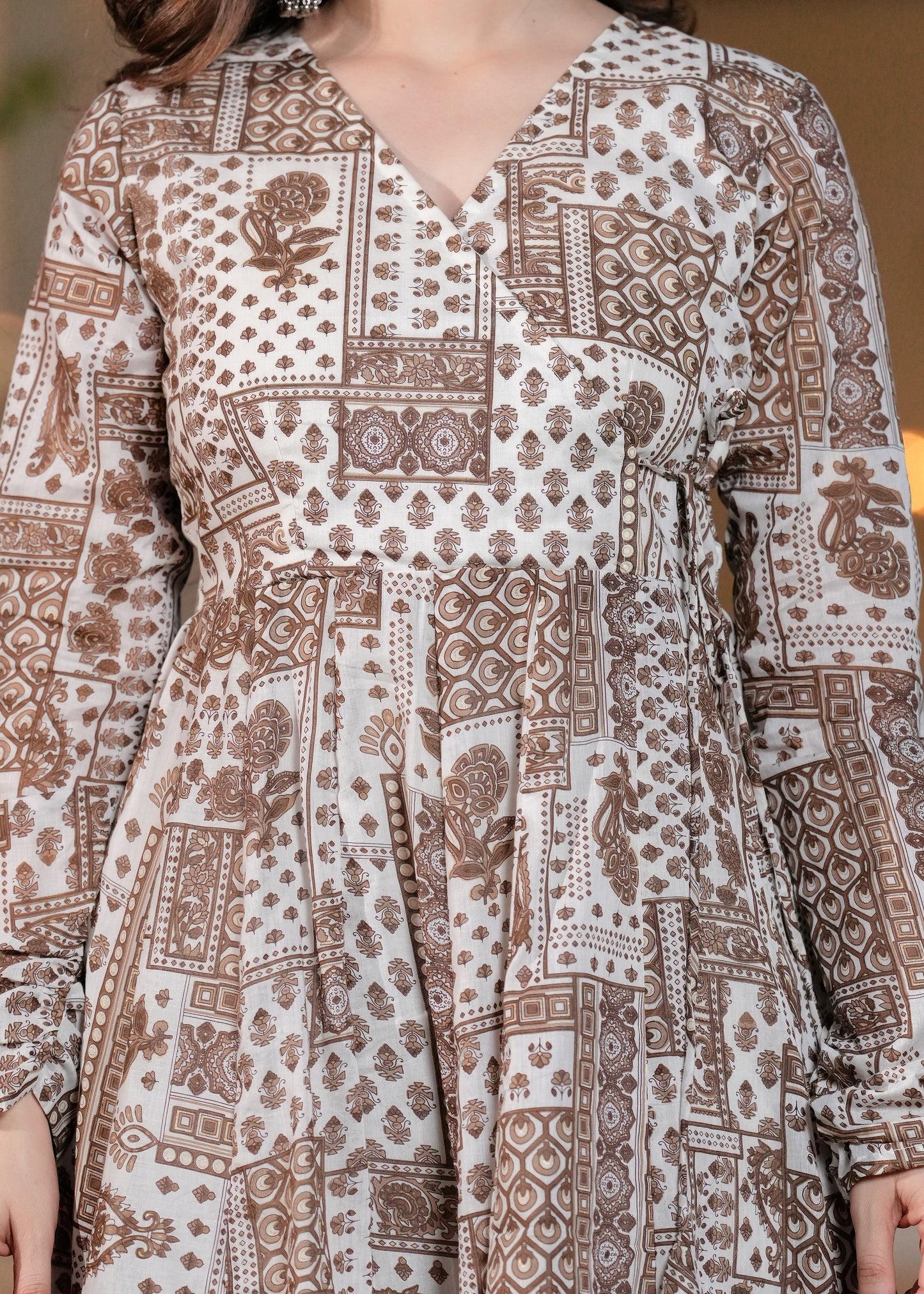 Brown Cambric Cotton Ethnic Motif Anarkali Kurta With Palazzo Set
