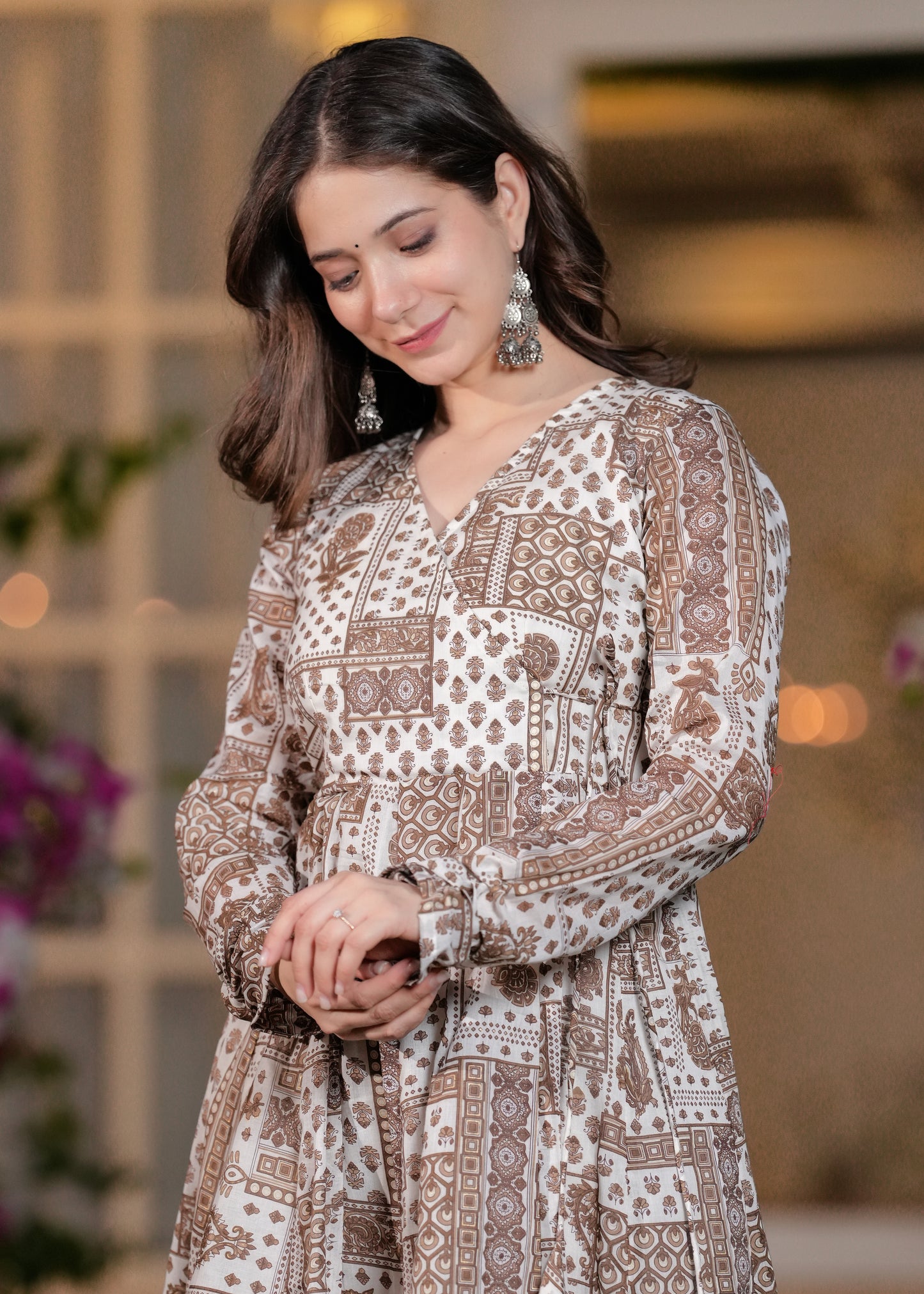 Brown Cambric Cotton Ethnic Motif Anarkali Kurta With Palazzo Set