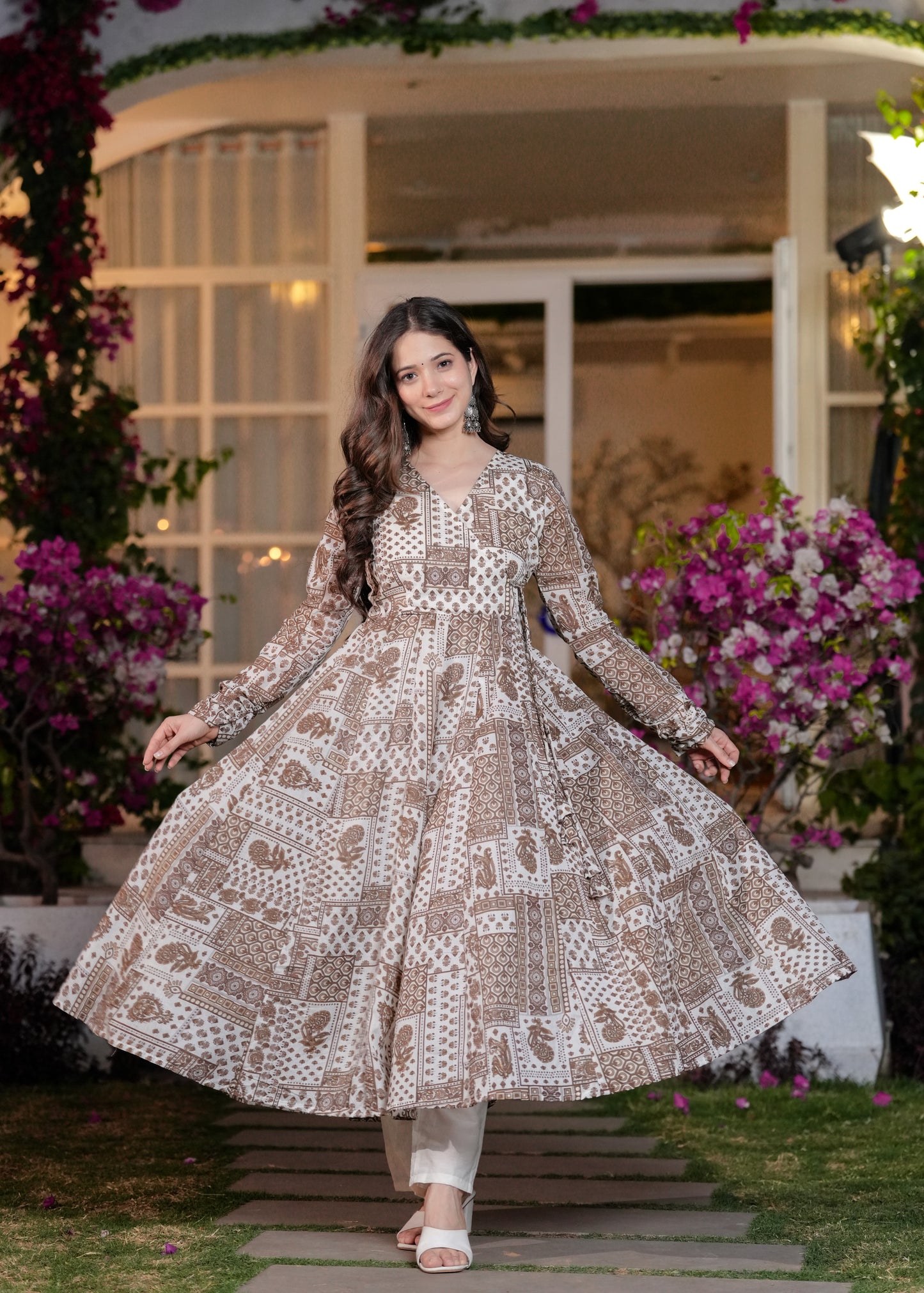 Brown Cambric Cotton Ethnic Motif Anarkali Kurta With Palazzo Set