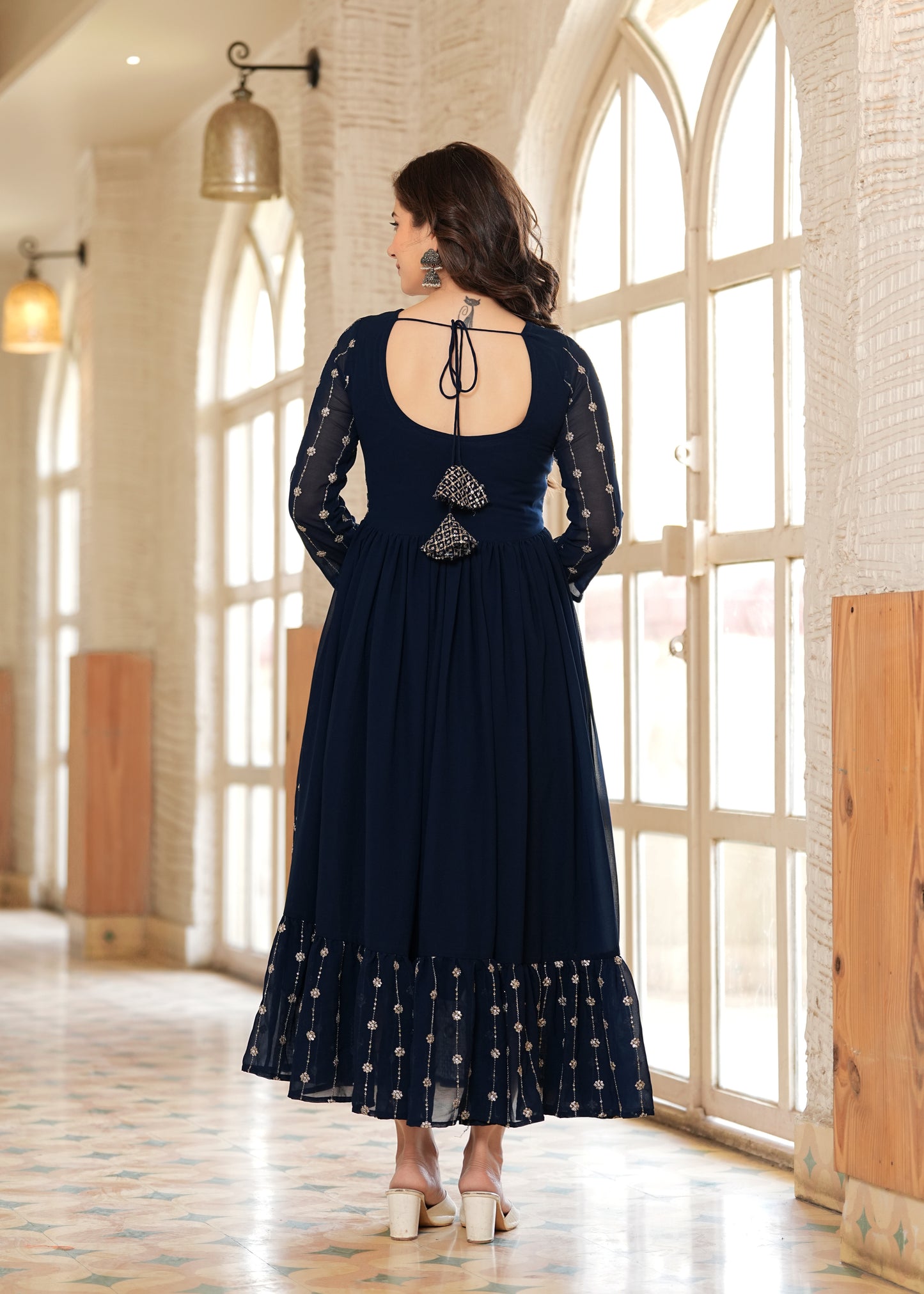 Teal Fit And Flared Floral Embroidery Gown & Dresses