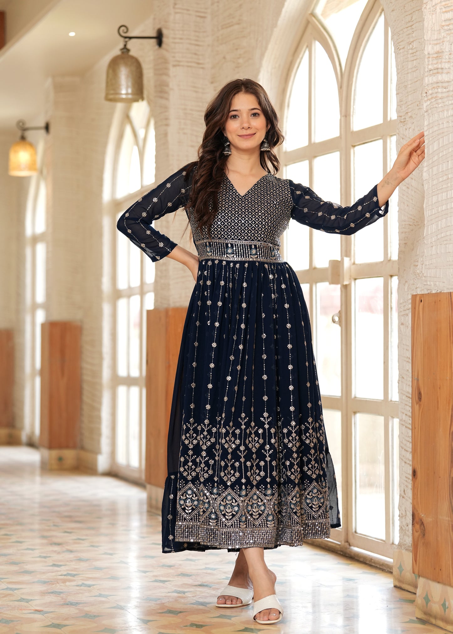 Teal Fit And Flared Floral Embroidery Gown & Dresses