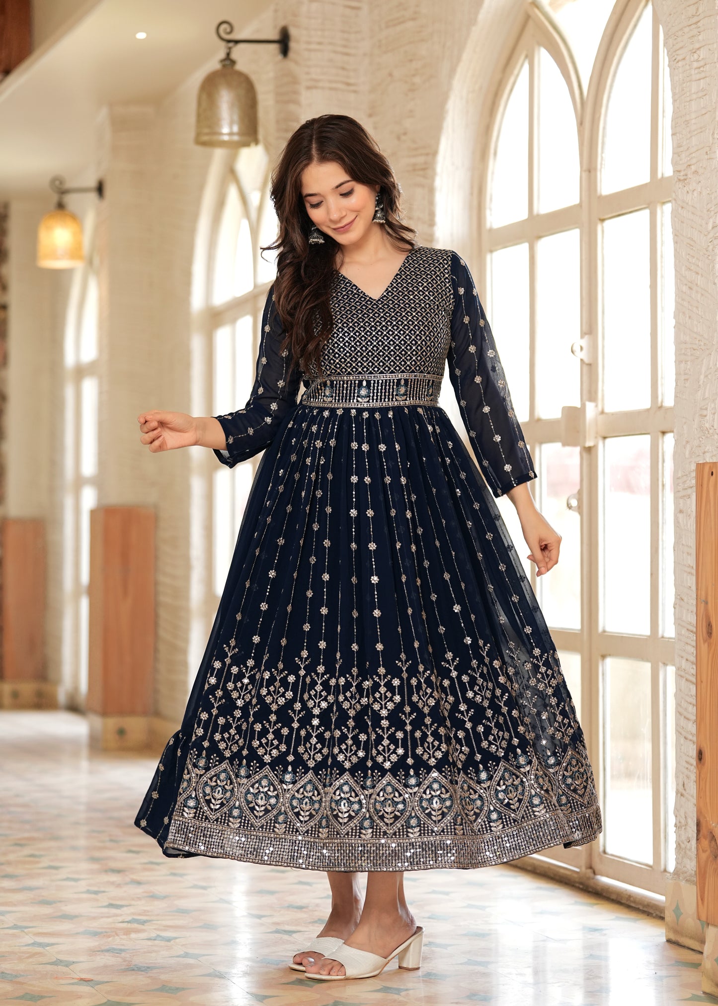 Teal Fit And Flared Floral Embroidery Gown & Dresses
