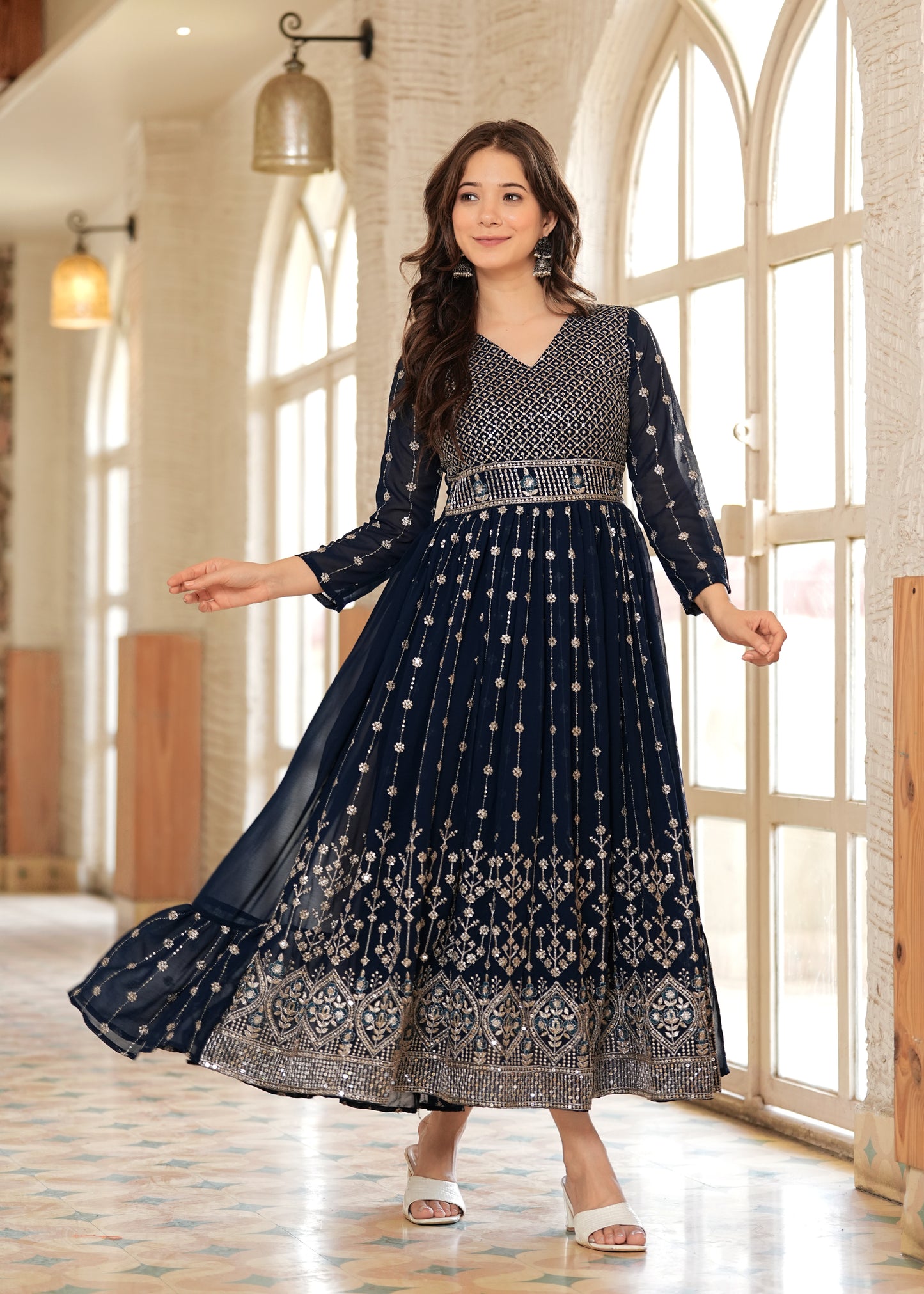 Teal Fit And Flared Floral Embroidery Gown & Dresses