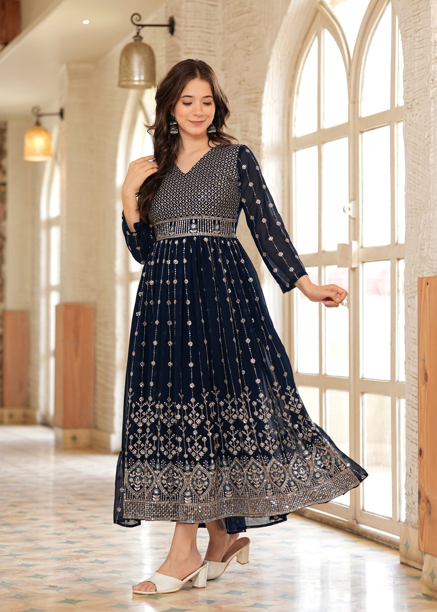 Teal Fit And Flared Floral Embroidery Gown & Dresses