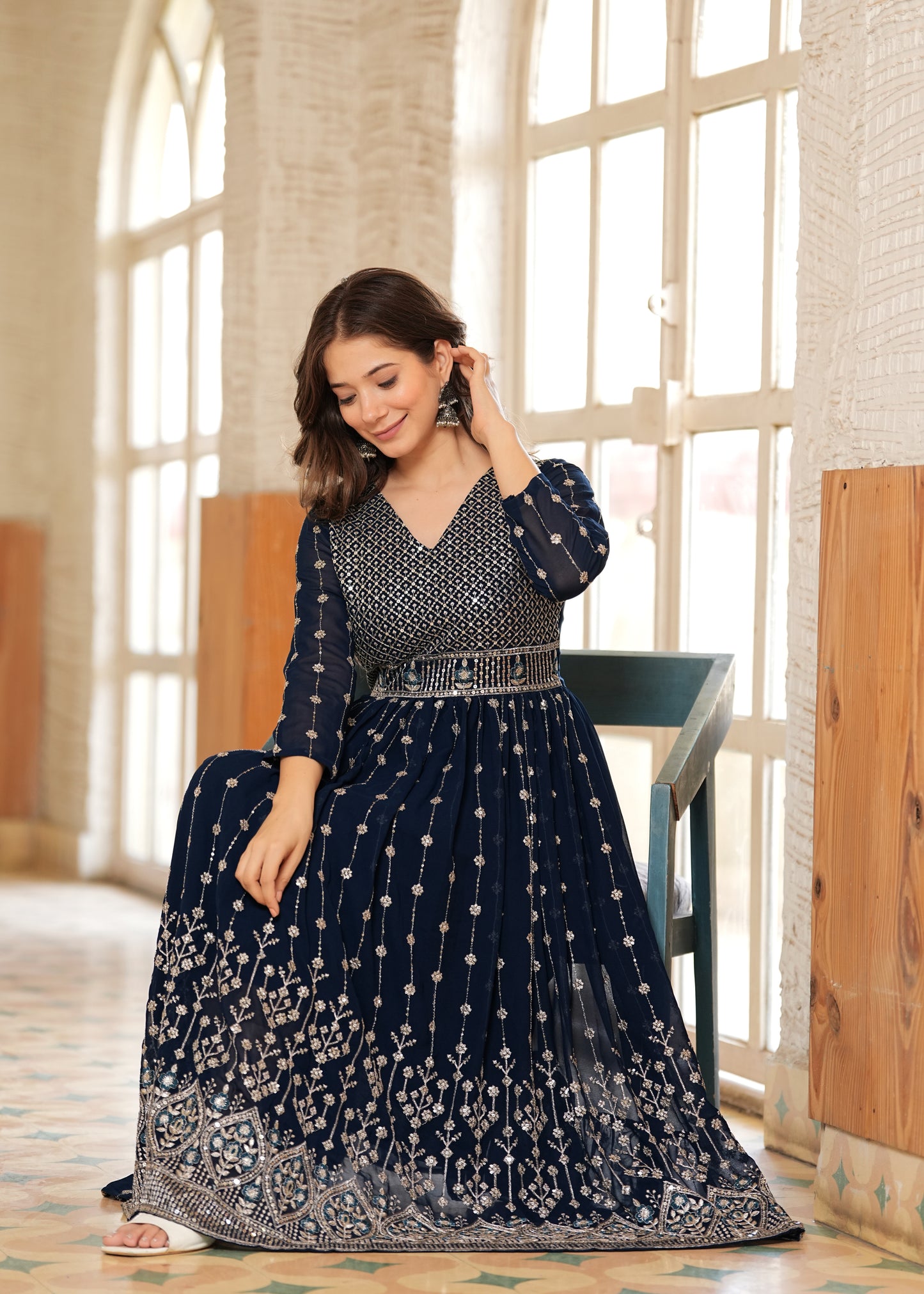 Teal Fit And Flared Floral Embroidery Gown & Dresses