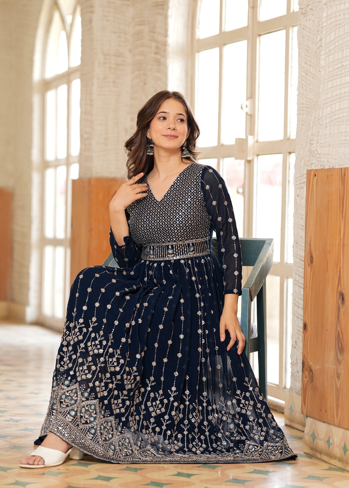 Teal Fit And Flared Floral Embroidery Gown & Dresses
