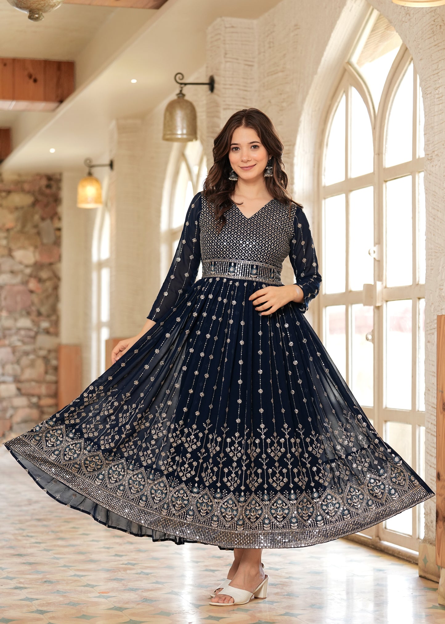 Teal Fit And Flared Floral Embroidery Gown & Dresses