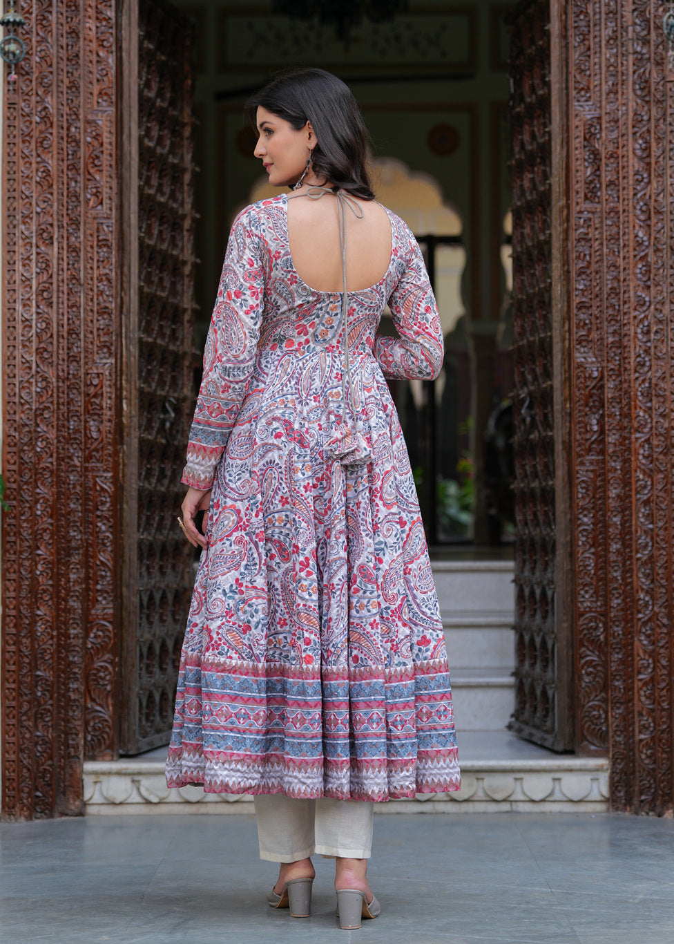 Multi Coloured Anarkali Ethnic Motifs Embroidered & Printed Schiffly Sequined Kurta & Trousers With Dupatta