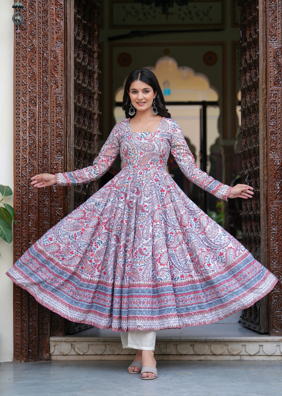 Multi Coloured Anarkali Ethnic Motifs Embroidered & Printed Schiffly Sequined Kurta & Trousers With Dupatta
