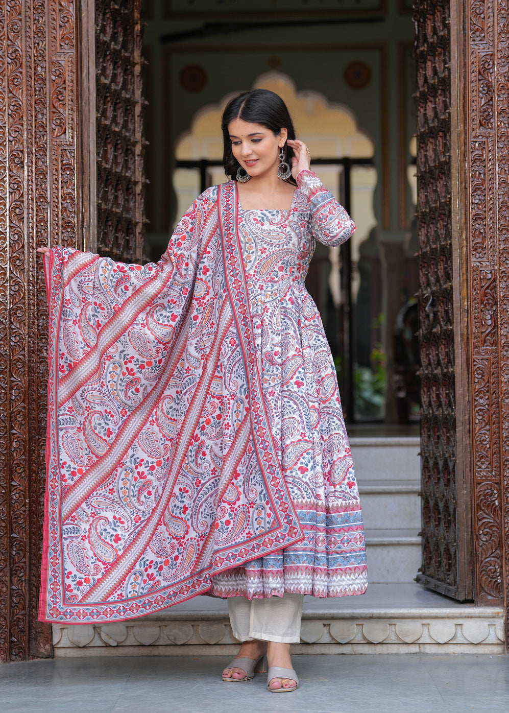 Multi Coloured Anarkali Ethnic Motifs Embroidered & Printed Schiffly Sequined Kurta & Trousers With Dupatta