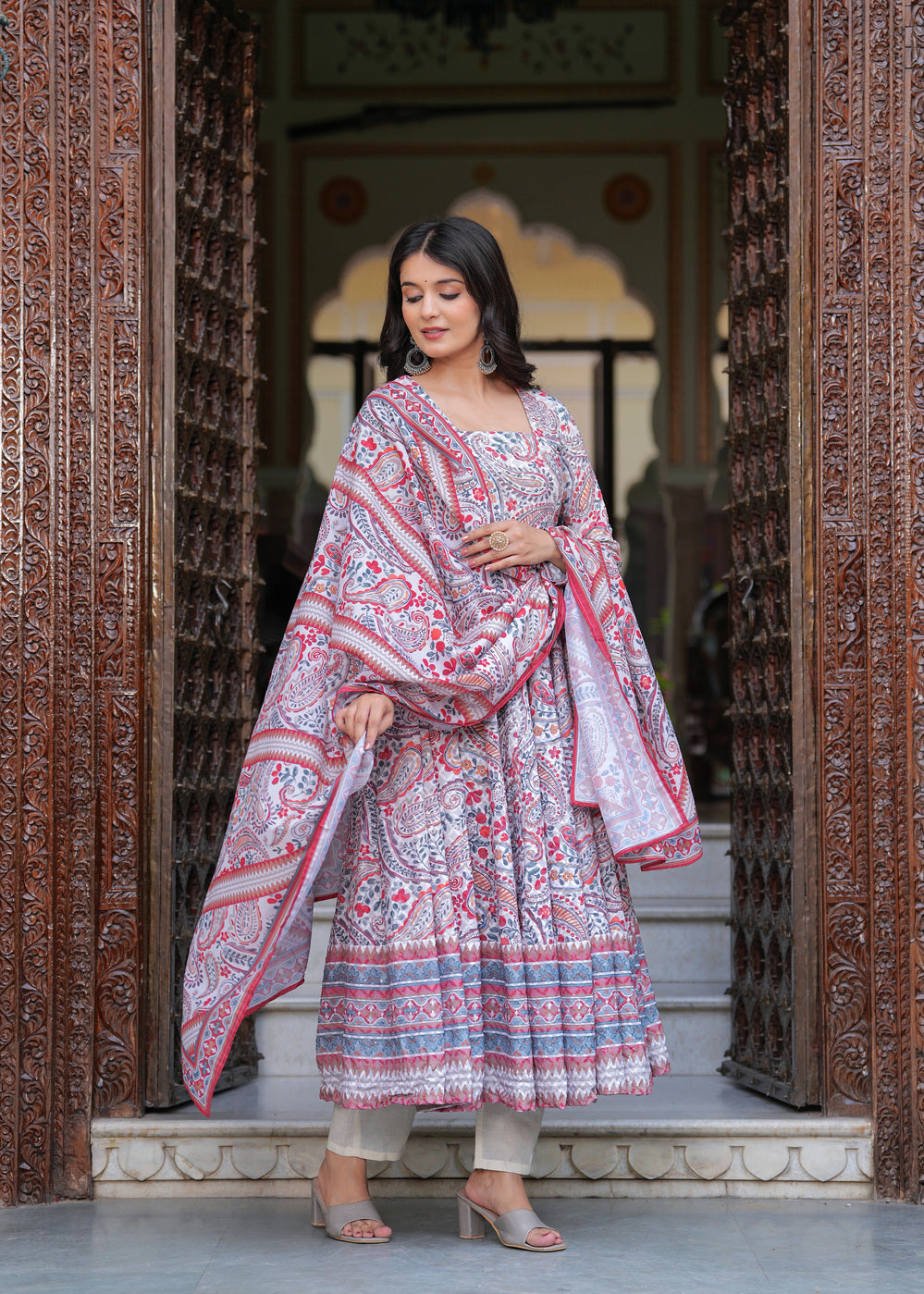 Multi Coloured Anarkali Ethnic Motifs Embroidered & Printed Schiffly Sequined Kurta & Trousers With Dupatta