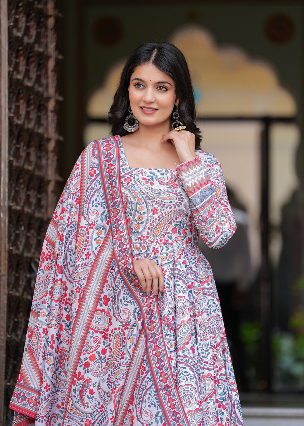 Multi Coloured Anarkali Ethnic Motifs Embroidered & Printed Schiffly Sequined Kurta & Trousers With Dupatta