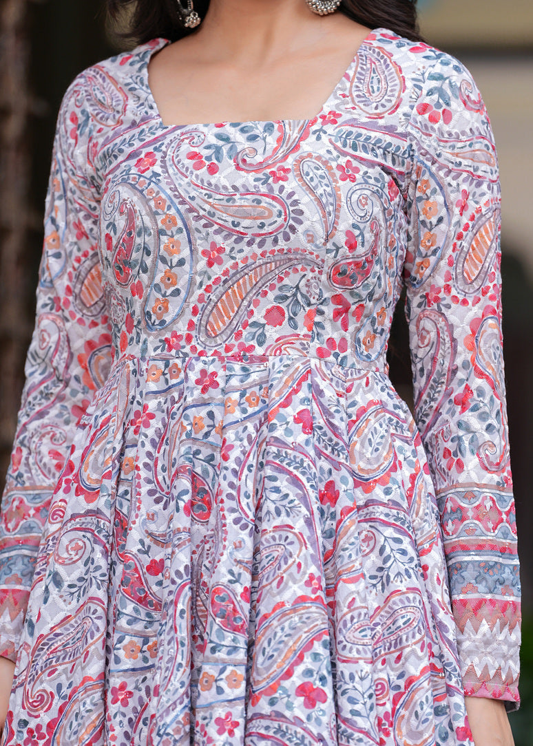 Multi Coloured Anarkali Ethnic Motifs Embroidered & Printed Schiffly Sequined Kurta & Trousers With Dupatta