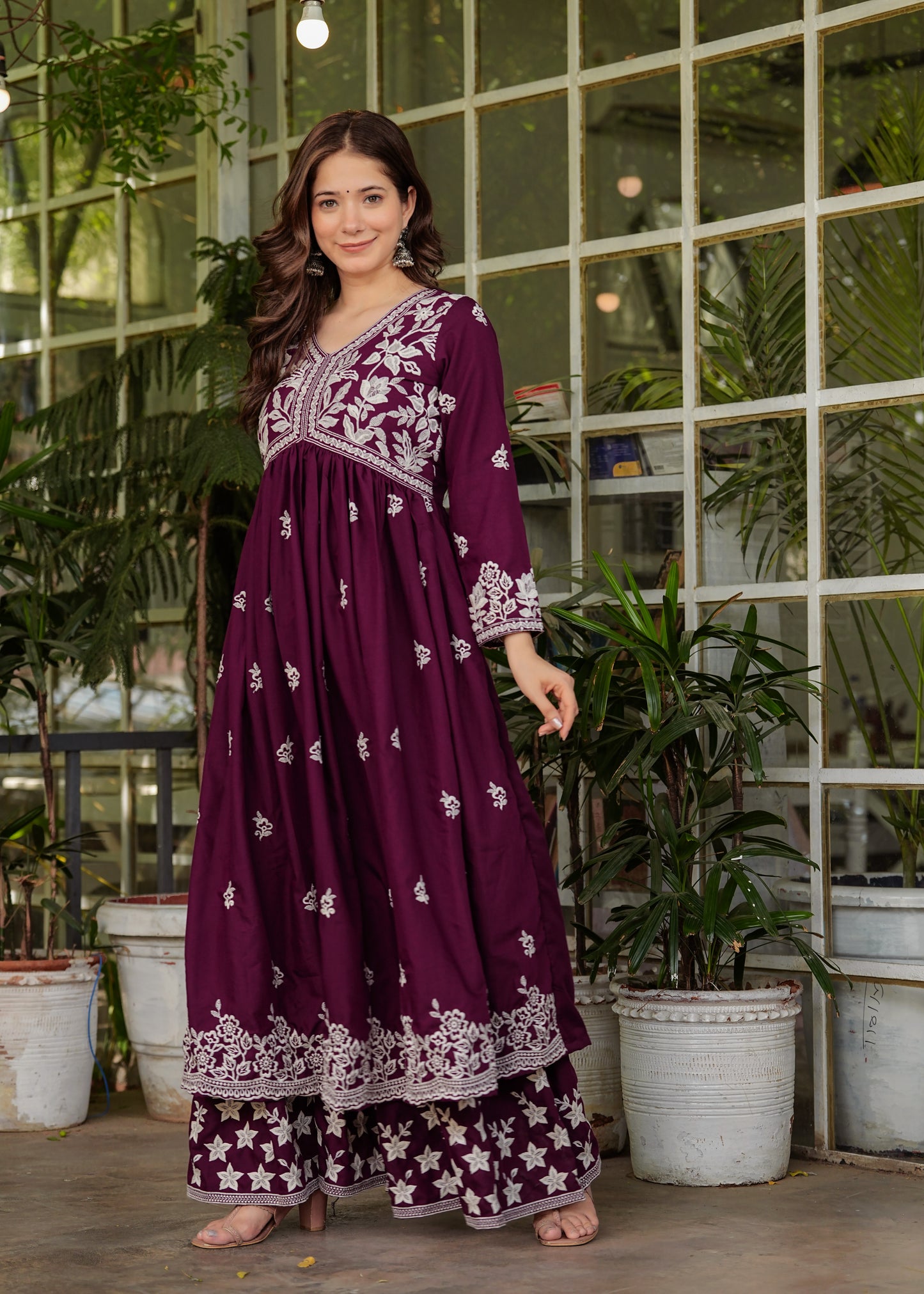 Wine Rayon Ethnic Motif Embroidery Fit And Flared Kurta With Sharara Set