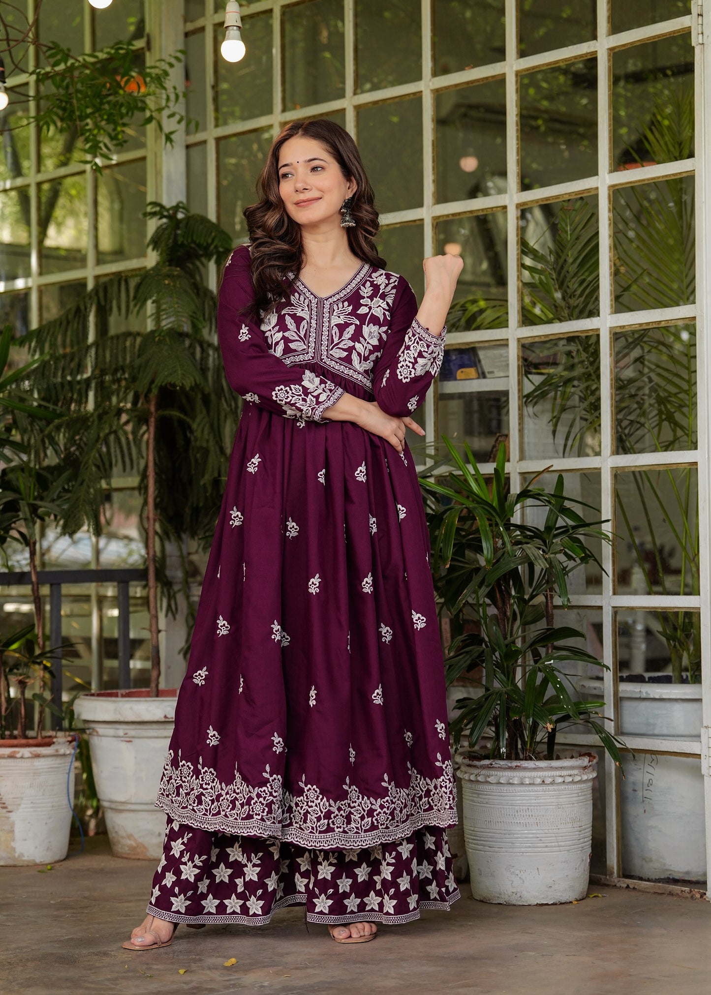 Wine Rayon Ethnic Motif Embroidery Fit And Flared Kurta With Sharara Set