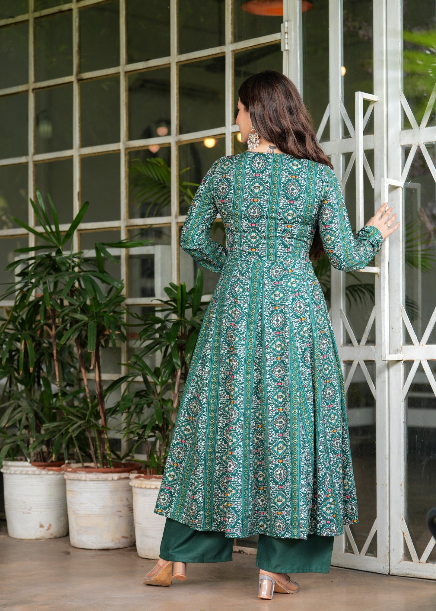 Firozi Cotton Ethnic Motif Anarkali Kurta With Palazzo Set