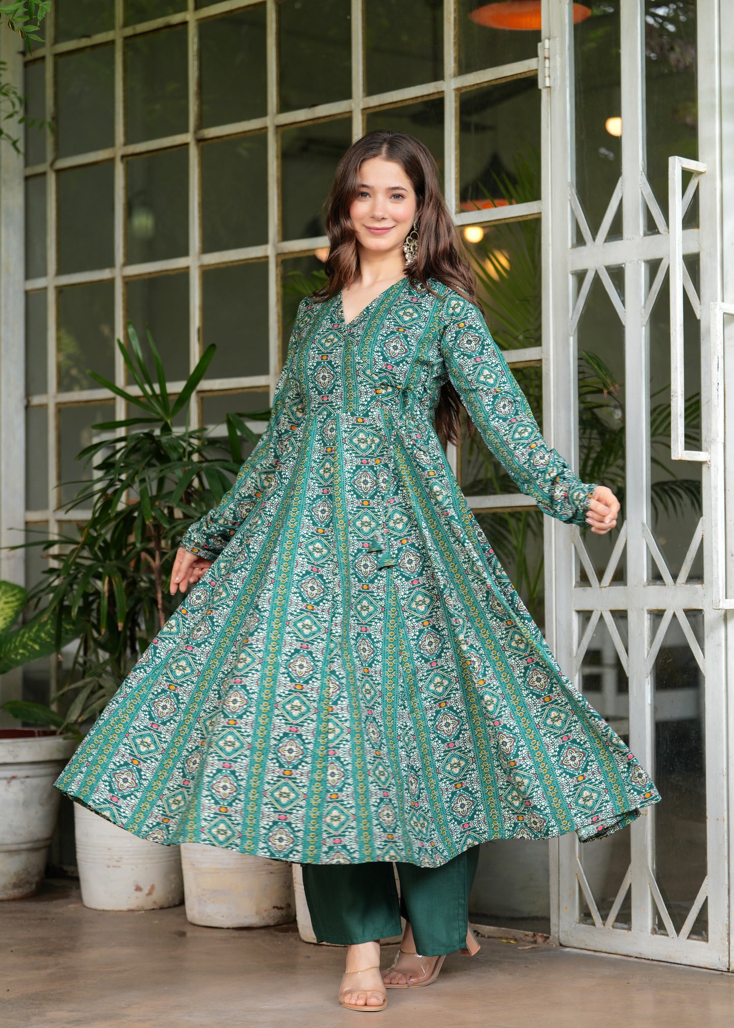 Firozi Cotton Ethnic Motif Anarkali Kurta With Palazzo Set