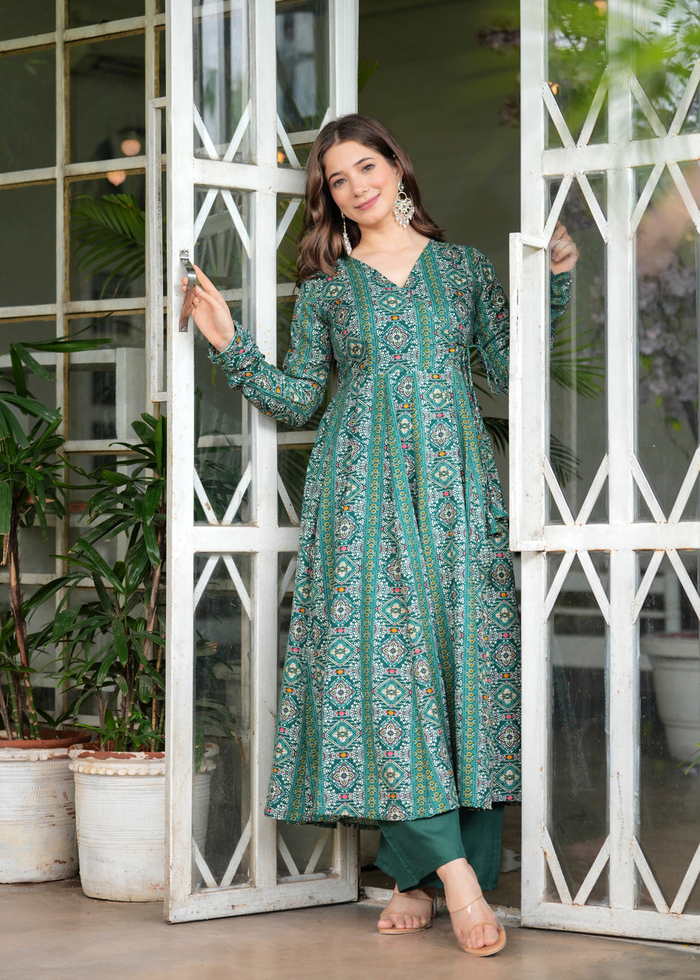 Firozi Cotton Ethnic Motif Anarkali Kurta With Palazzo Set