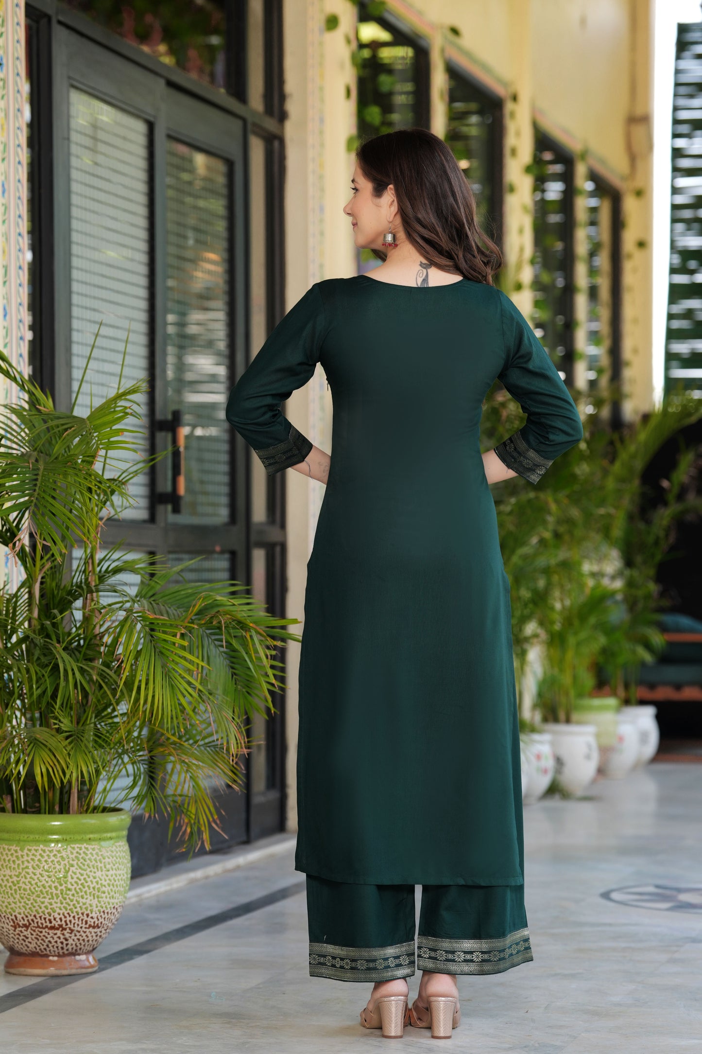 Green Straight Jacquard Patch Kurta and Palazzo With Dupatta