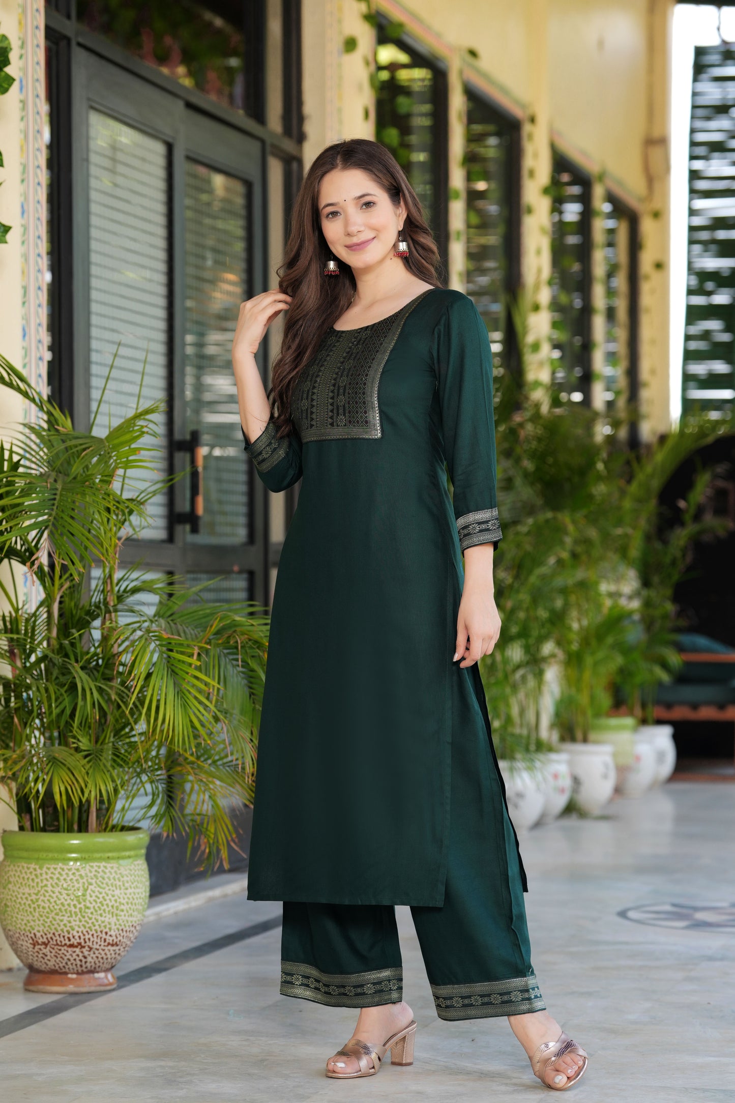 Green Straight Jacquard Patch Kurta and Palazzo With Dupatta