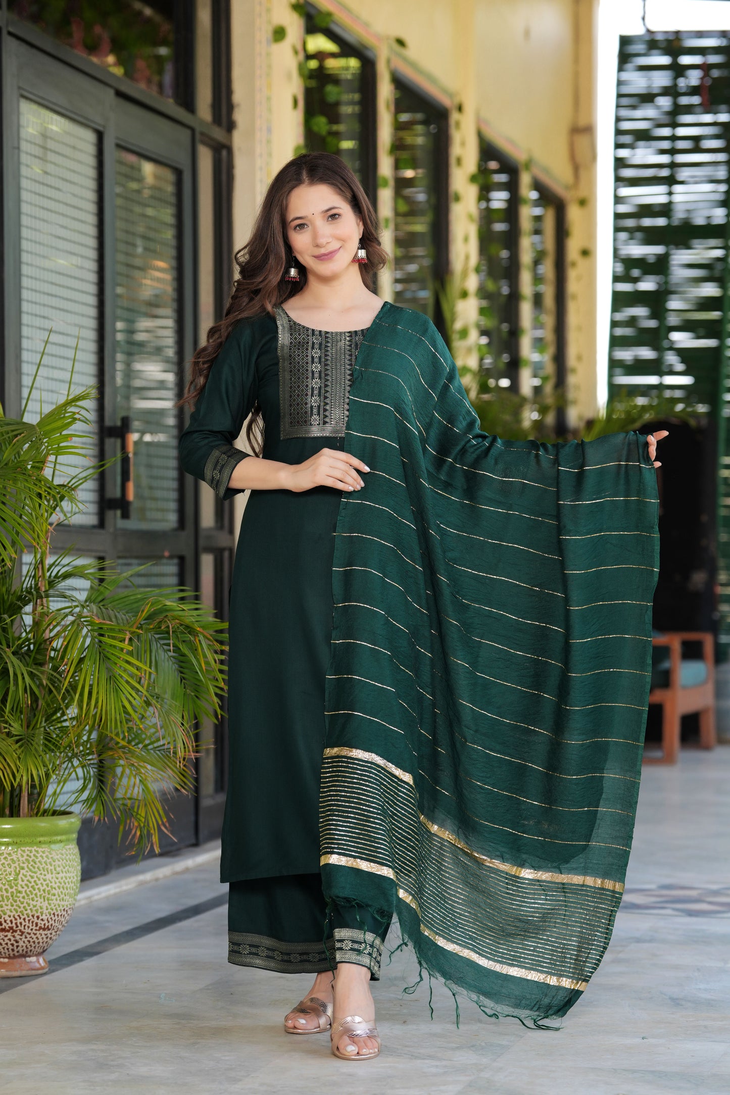 Green Straight Jacquard Patch Kurta and Palazzo With Dupatta