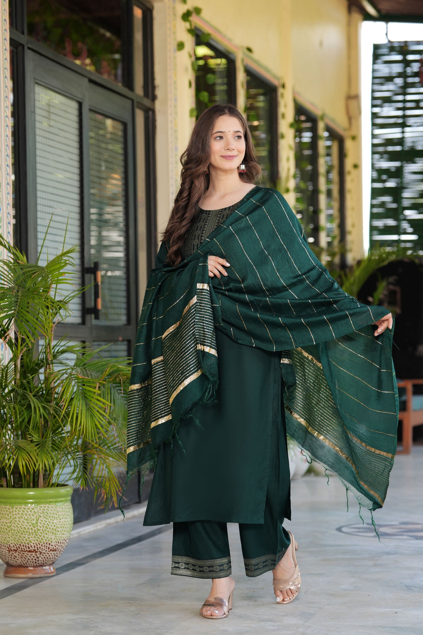 Green Straight Jacquard Patch Kurta and Palazzo With Dupatta