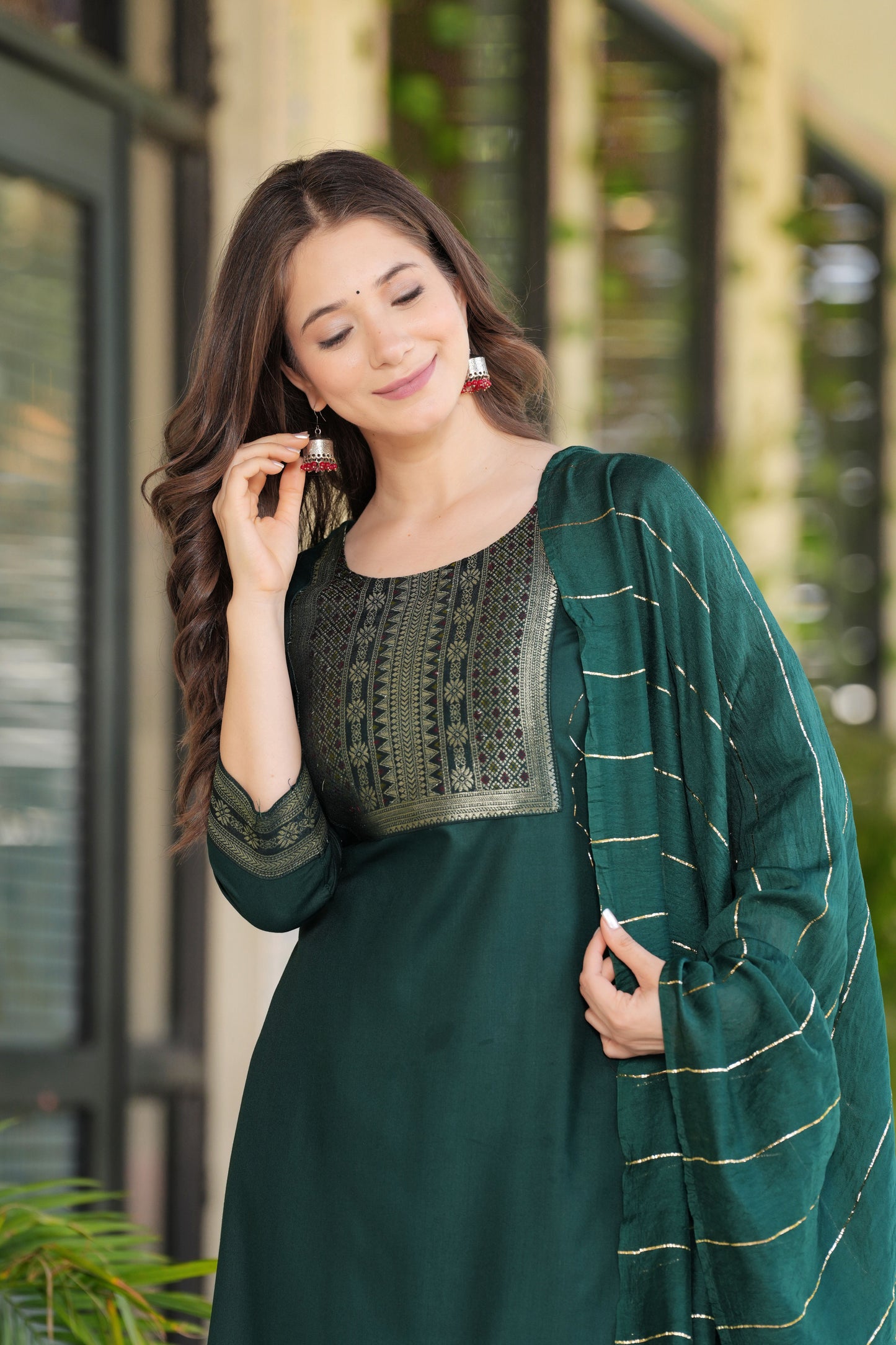 Green Straight Jacquard Patch Kurta and Palazzo With Dupatta