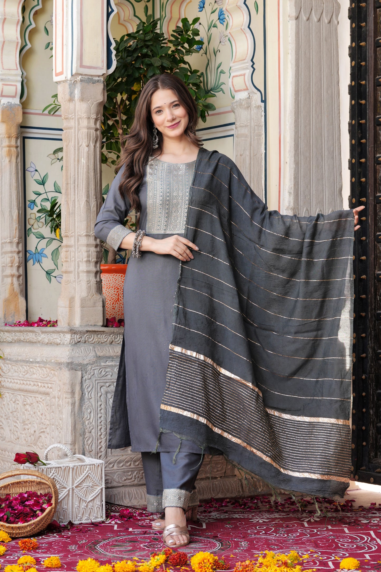 Grey Straight Jacquard Patch Kurta and Palazzo With Dupatta