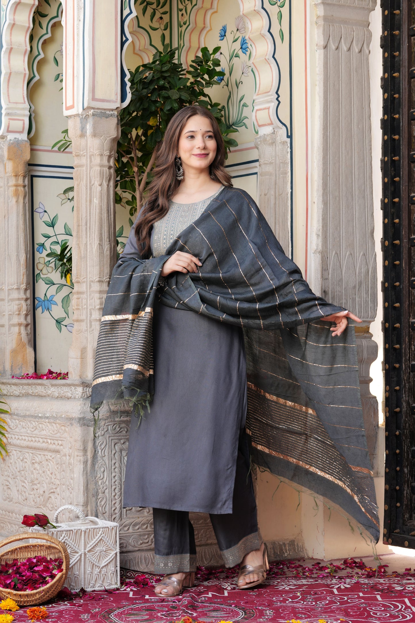 Grey Straight Jacquard Patch Kurta and Palazzo With Dupatta