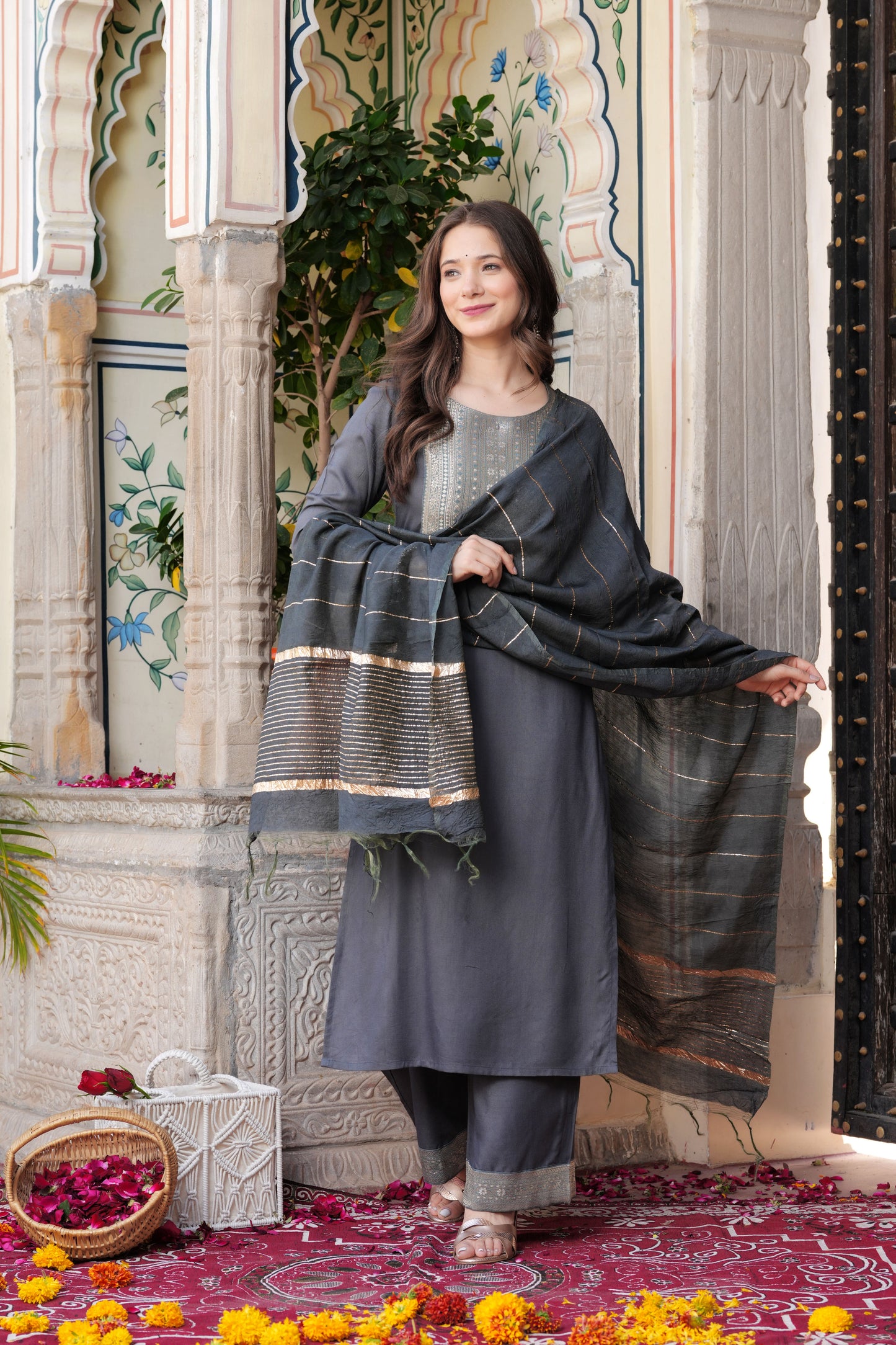 Grey Straight Jacquard Patch Kurta and Palazzo With Dupatta