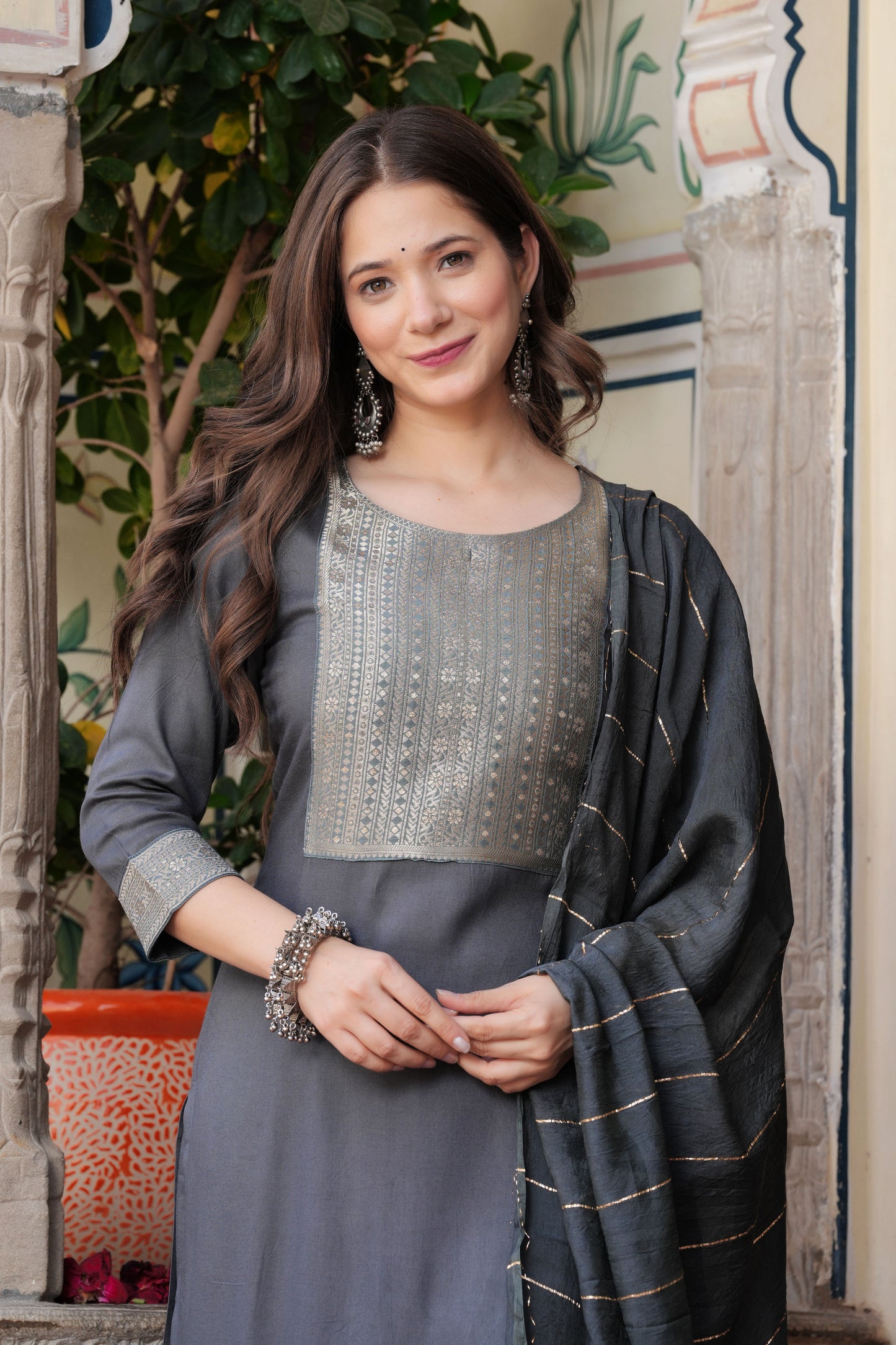 Grey Straight Jacquard Patch Kurta and Palazzo With Dupatta