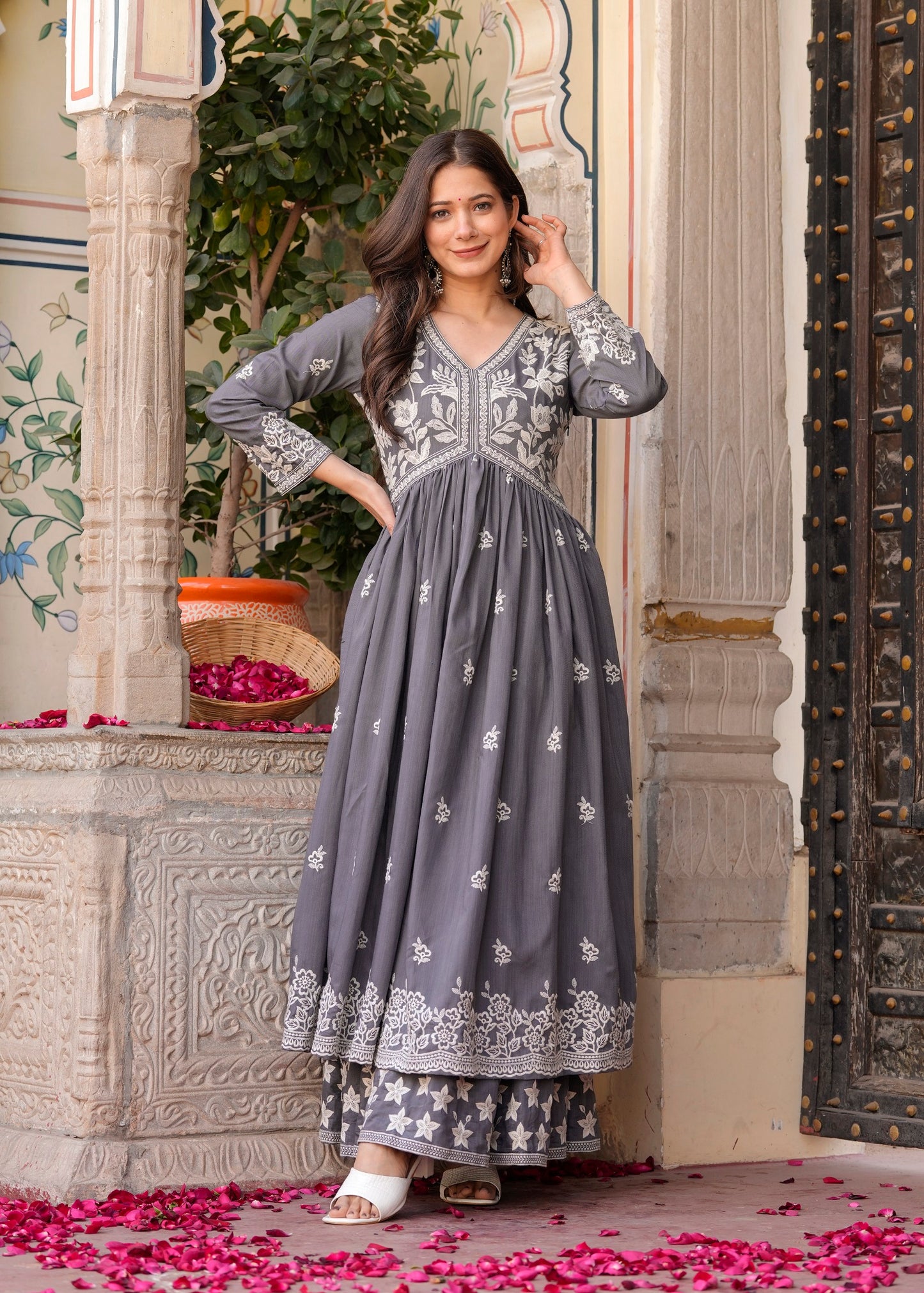 Grey Rayon Ethnic Motif Embroidery Fit And Flared Kurta With Sharara Set
