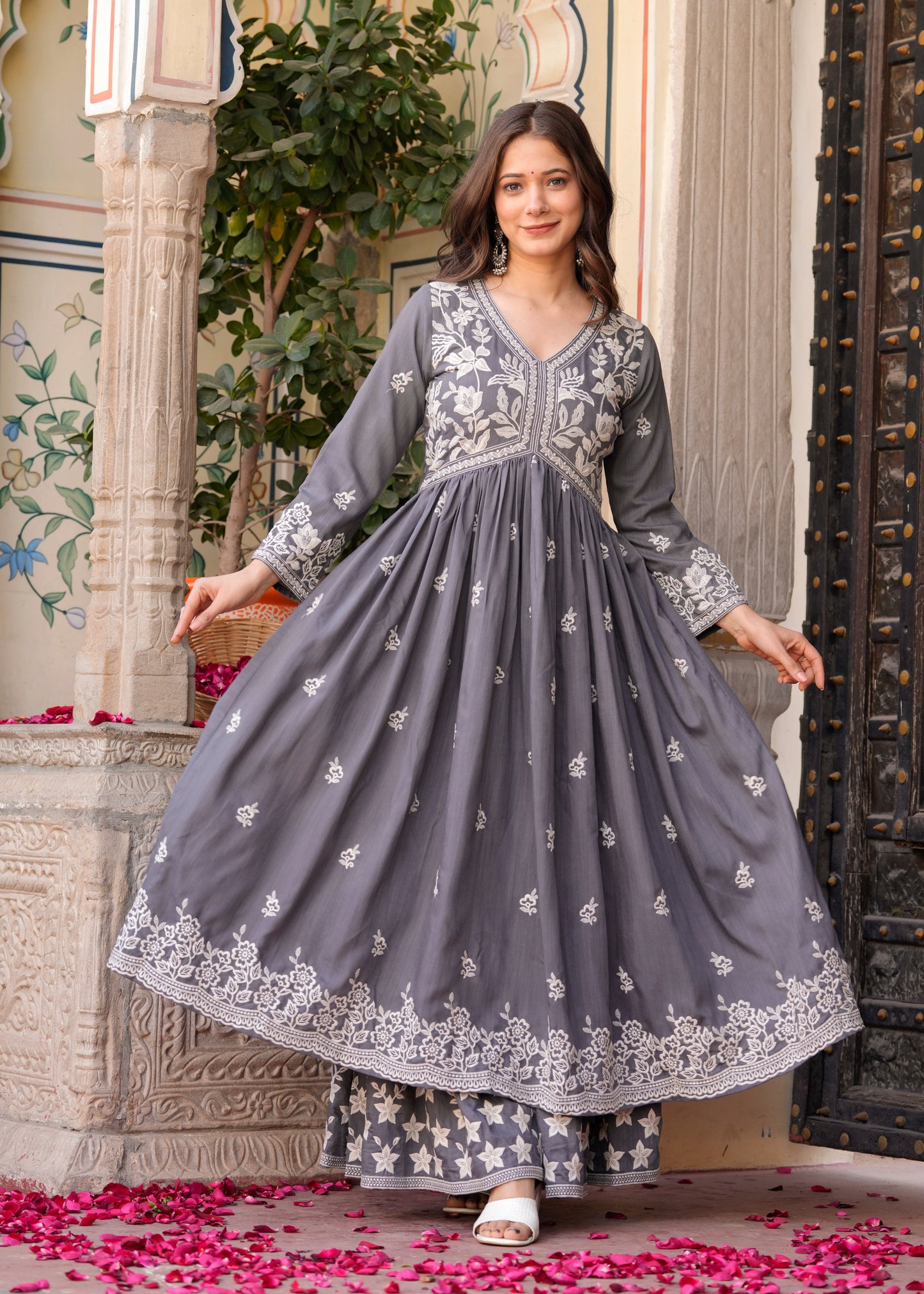 Grey Rayon Ethnic Motif Embroidery Fit And Flared Kurta With Sharara Set