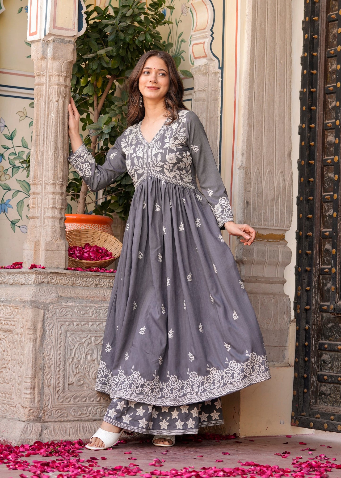 Grey Rayon Ethnic Motif Embroidery Fit And Flared Kurta With Sharara Set