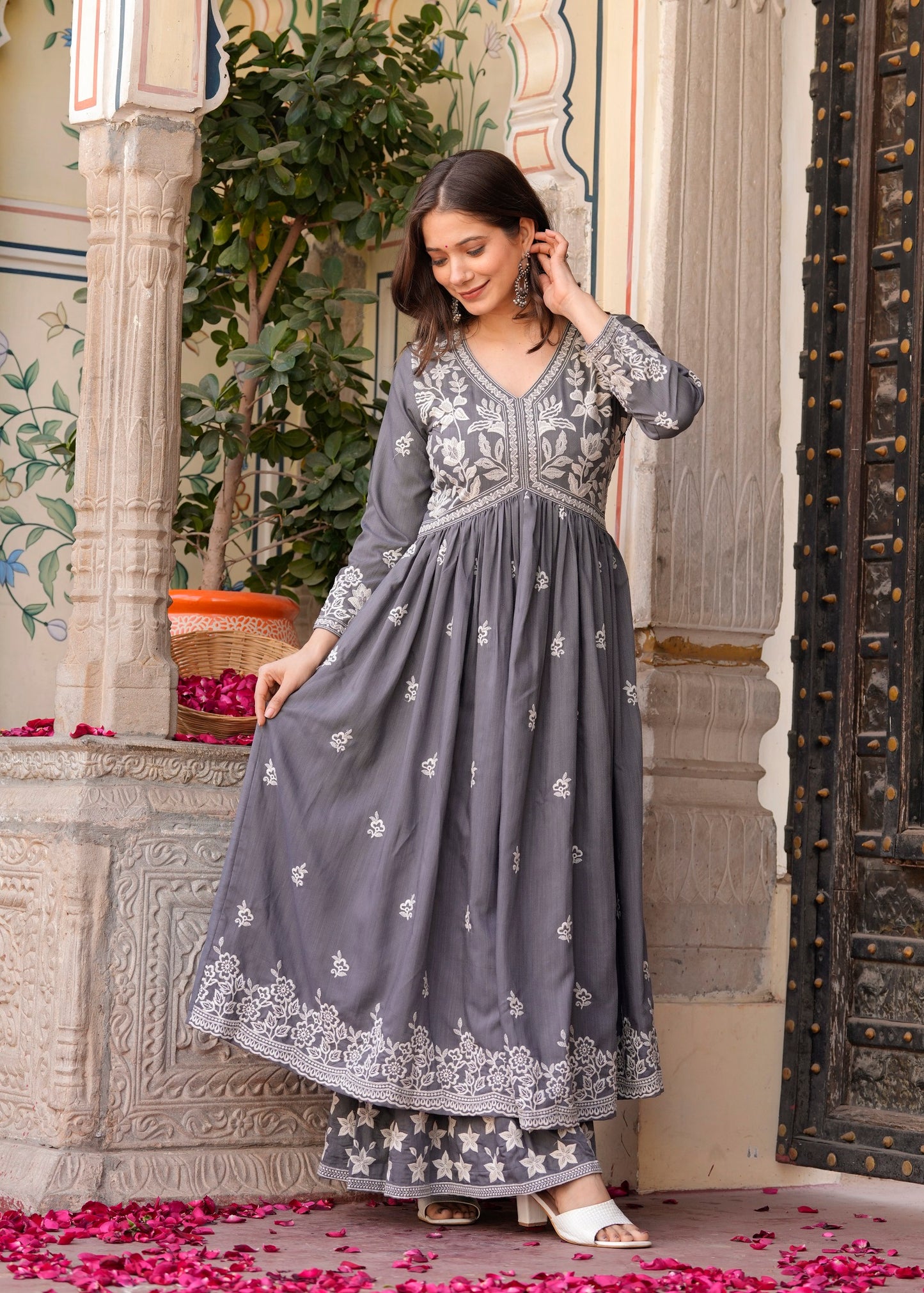 Grey Rayon Ethnic Motif Embroidery Fit And Flared Kurta With Sharara Set