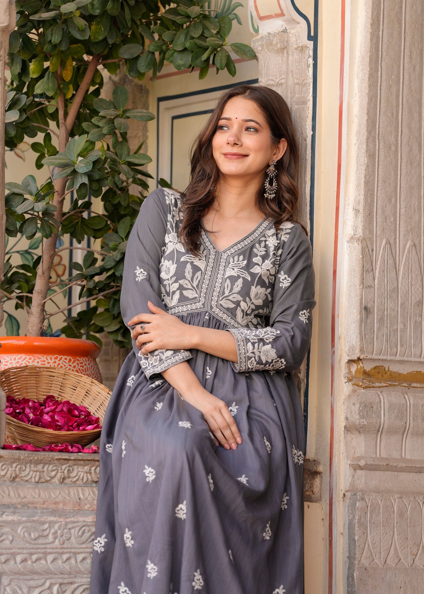 Grey Rayon Ethnic Motif Embroidery Fit And Flared Kurta With Sharara Set