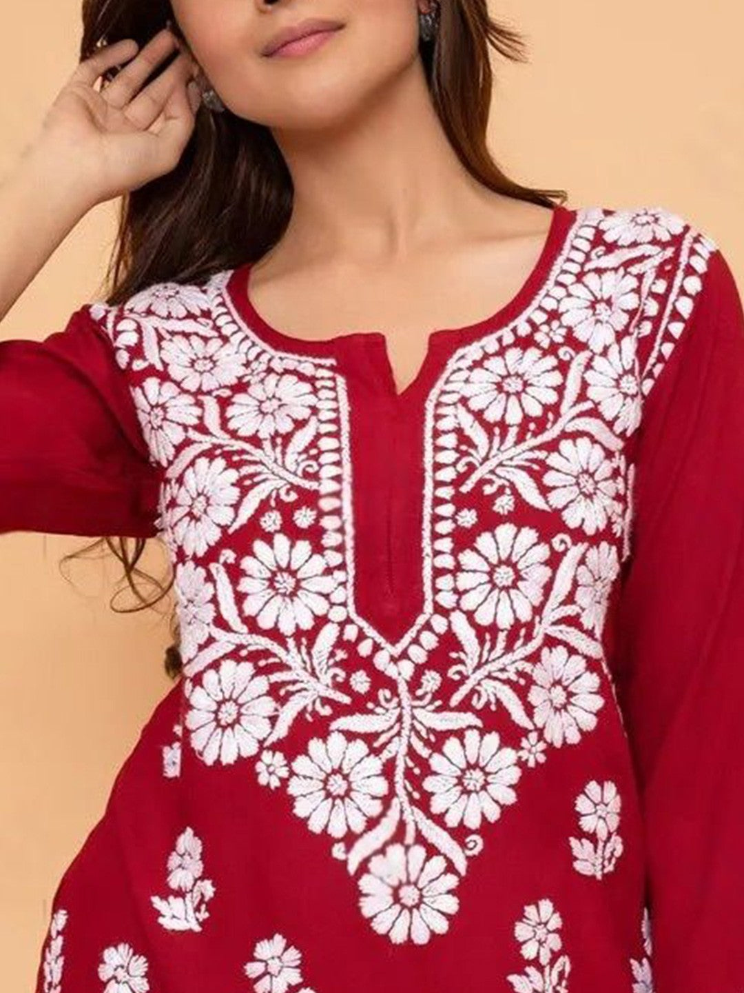 Red Solid Round Neck Chikankari Pure Cotton Straight Kurti