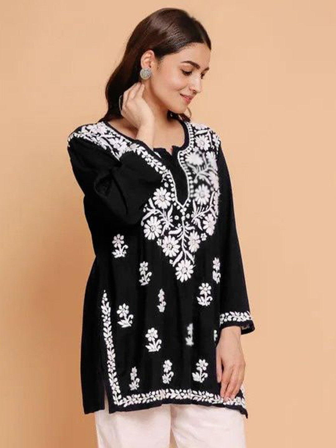 Black Solid Round Neck Chikankari Pure Cotton Straight Kurti