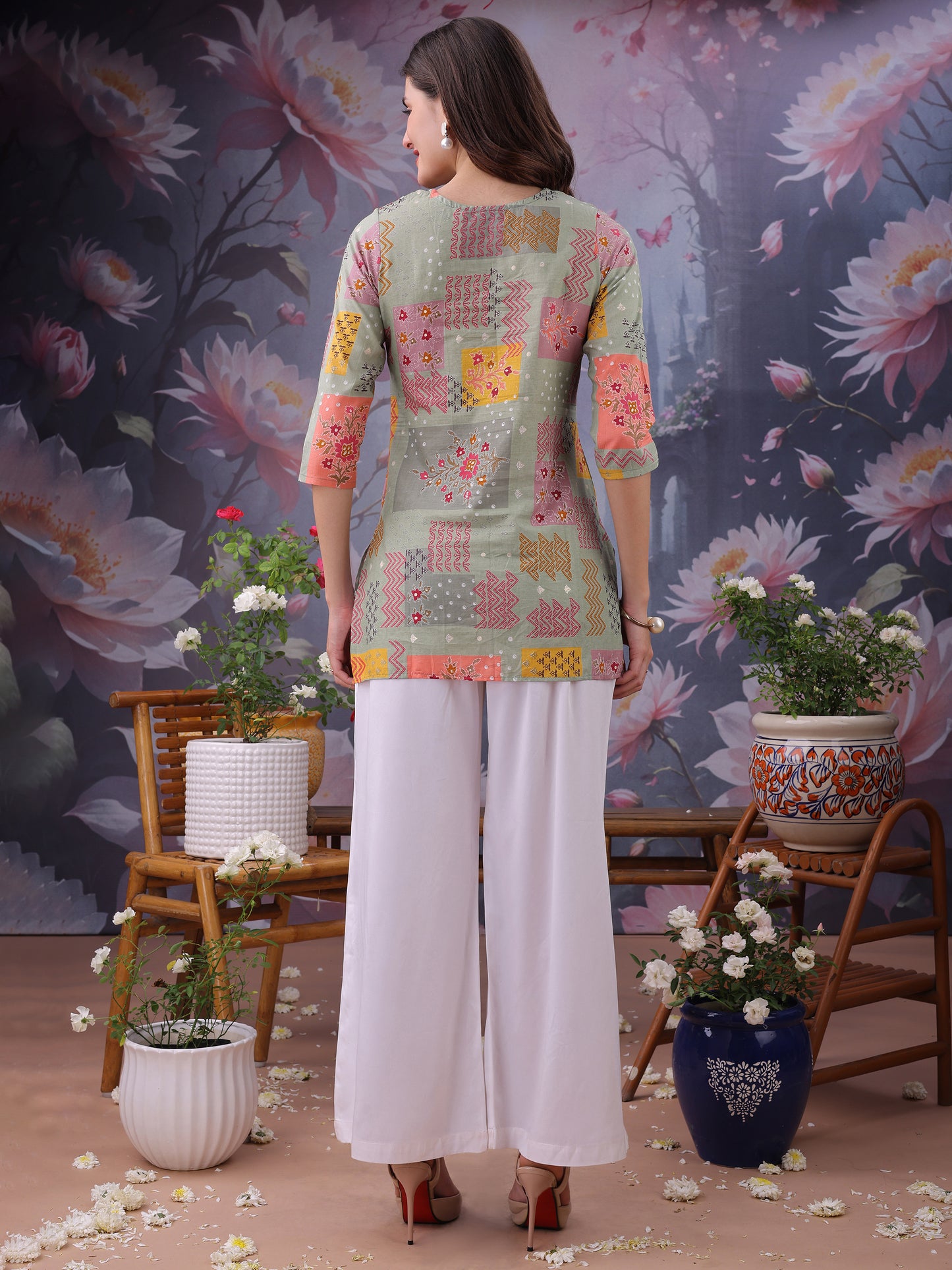 Floral Printed Notch Neck Chikankari Pure Cotton Straight Kurti