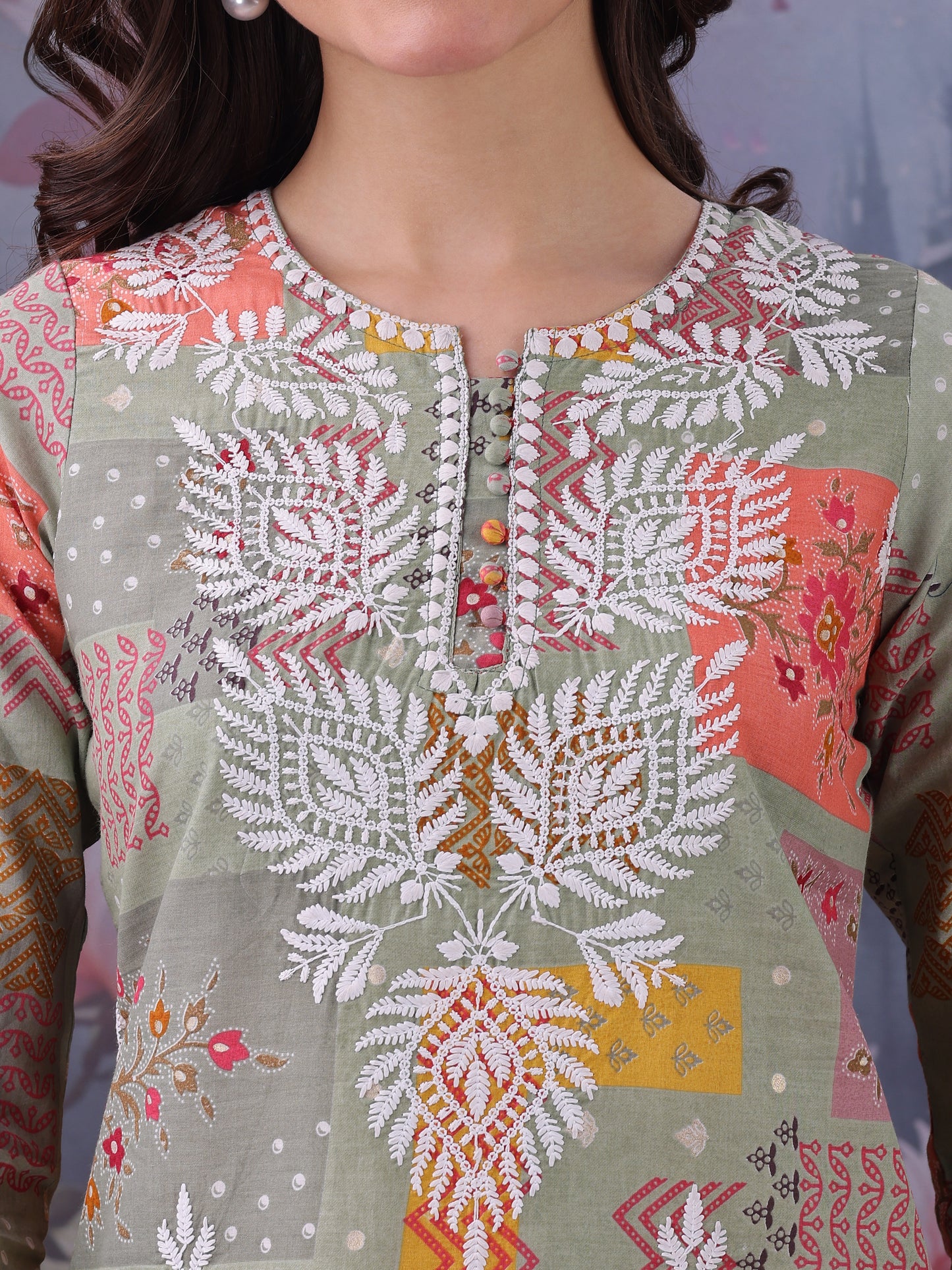 Floral Printed Notch Neck Chikankari Pure Cotton Straight Kurti
