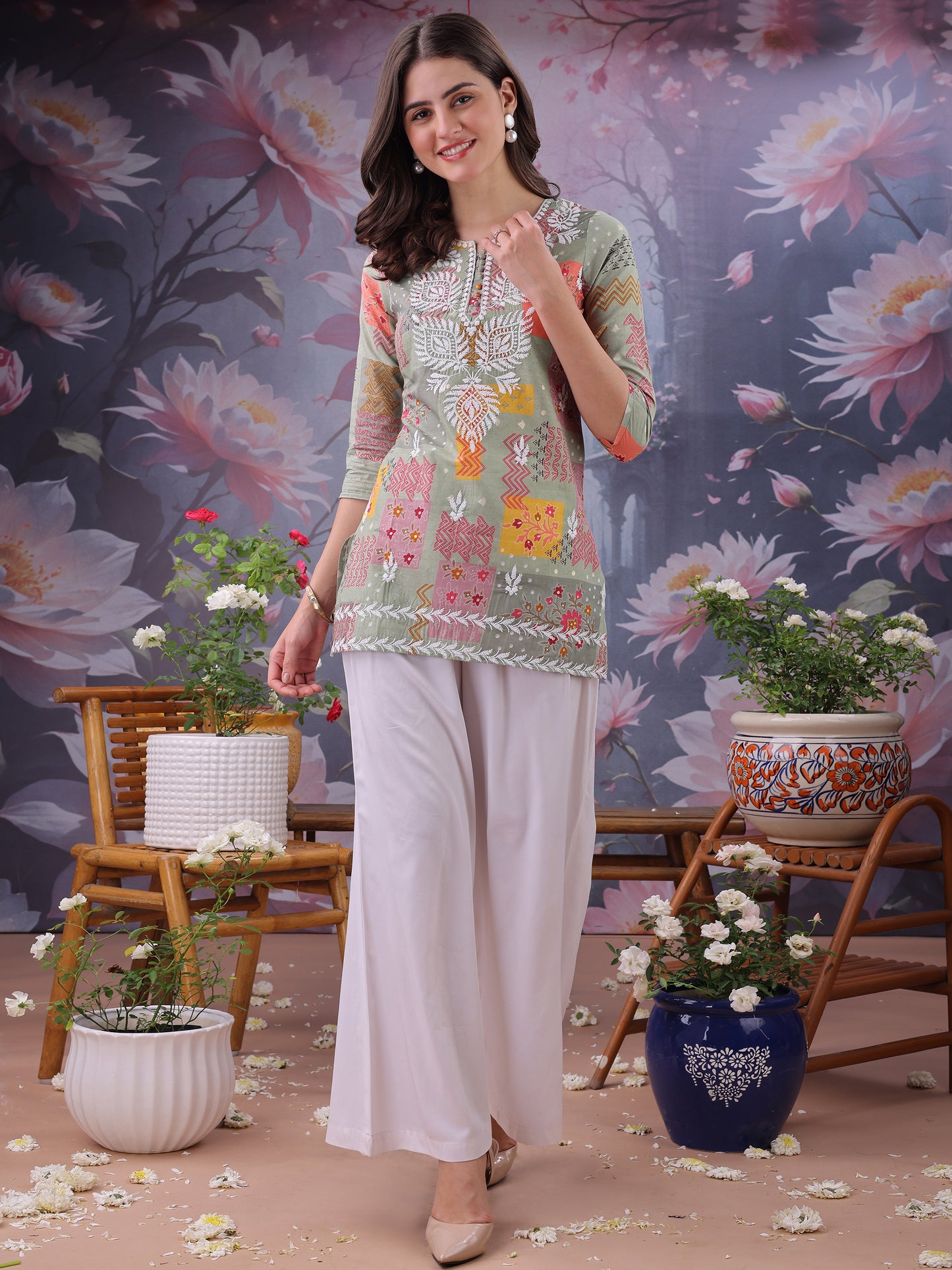 Floral Printed Notch Neck Chikankari Pure Cotton Straight Kurti