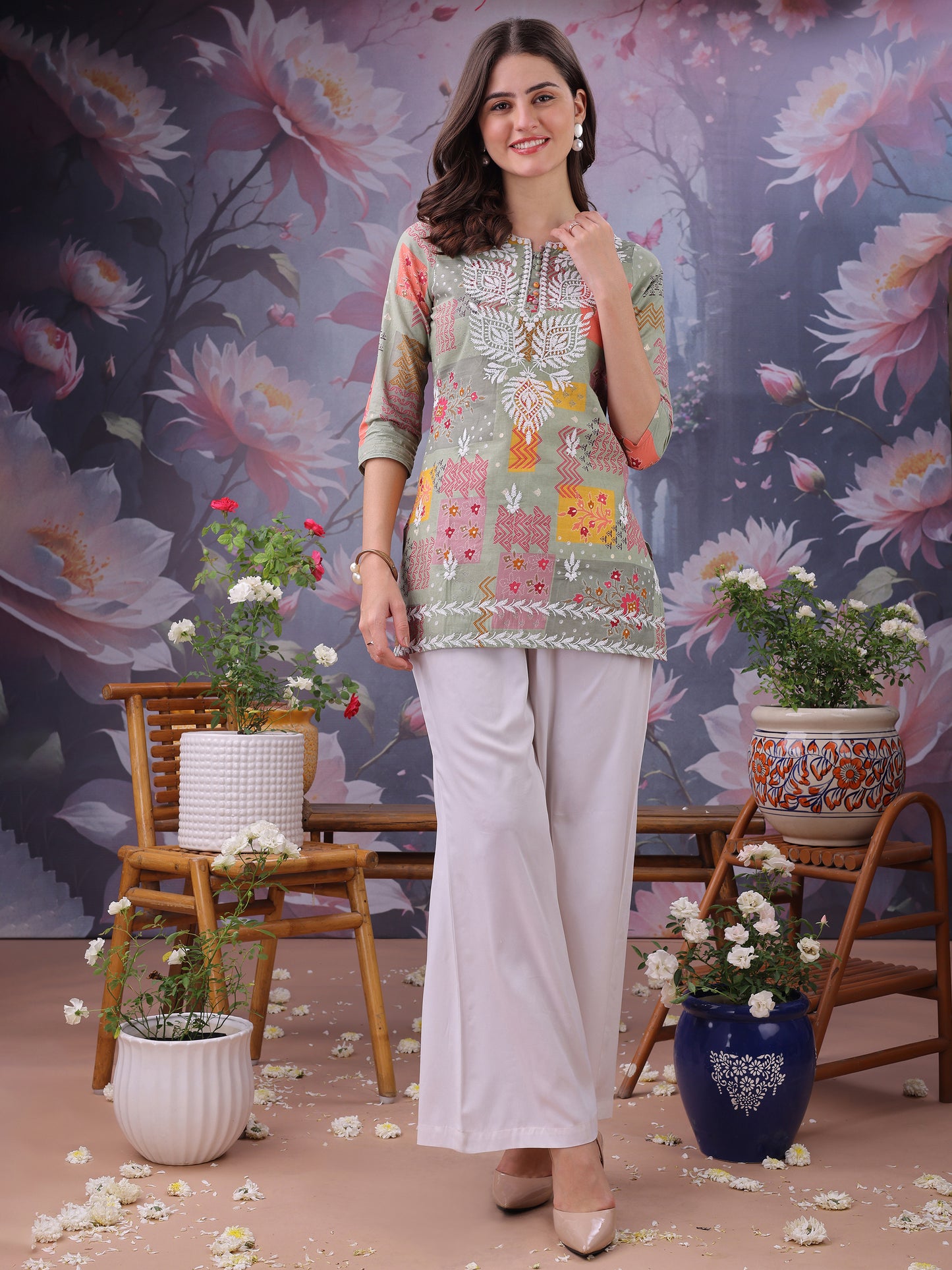 Floral Printed Notch Neck Chikankari Pure Cotton Straight Kurti