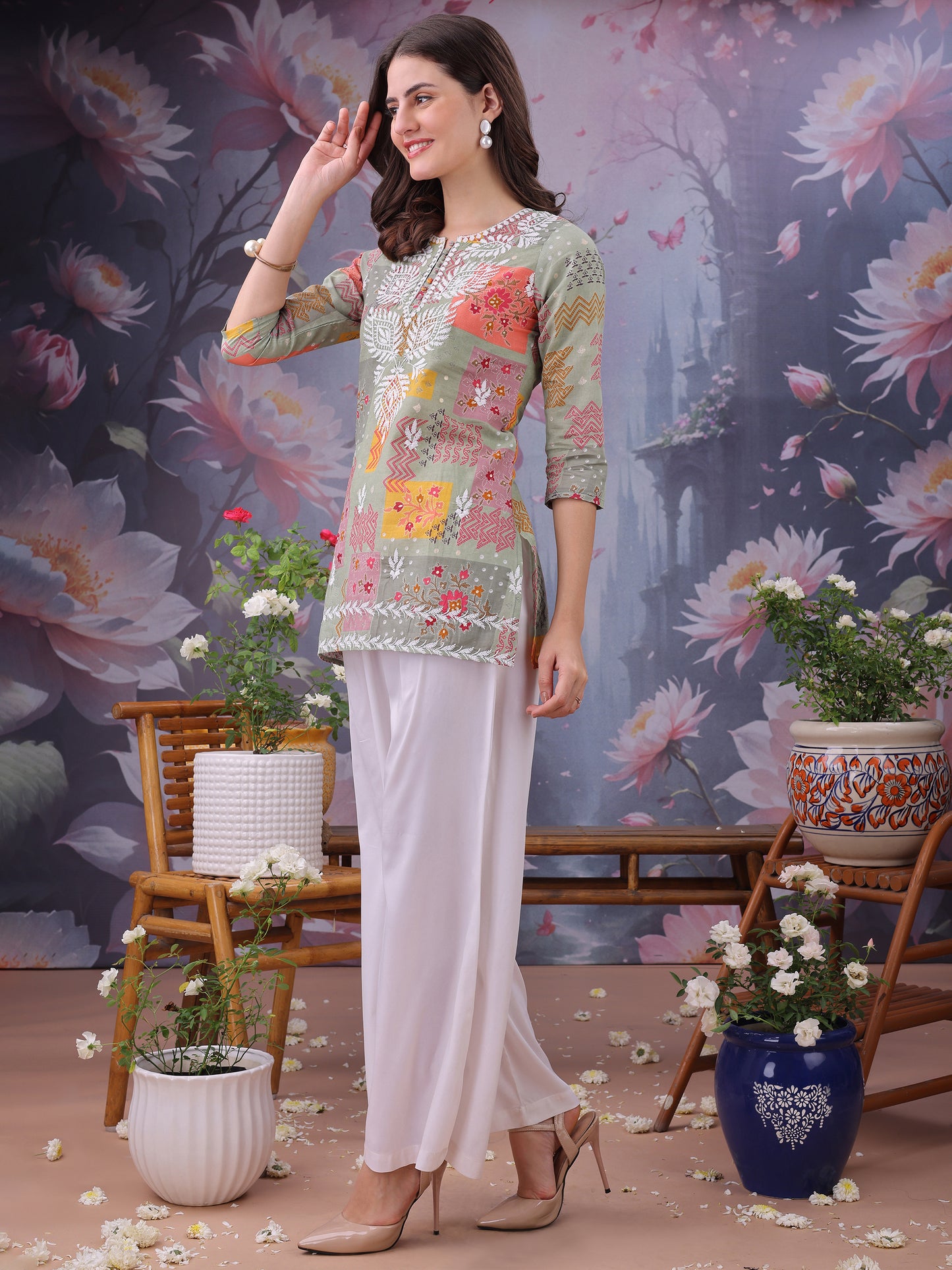 Floral Printed Notch Neck Chikankari Pure Cotton Straight Kurti