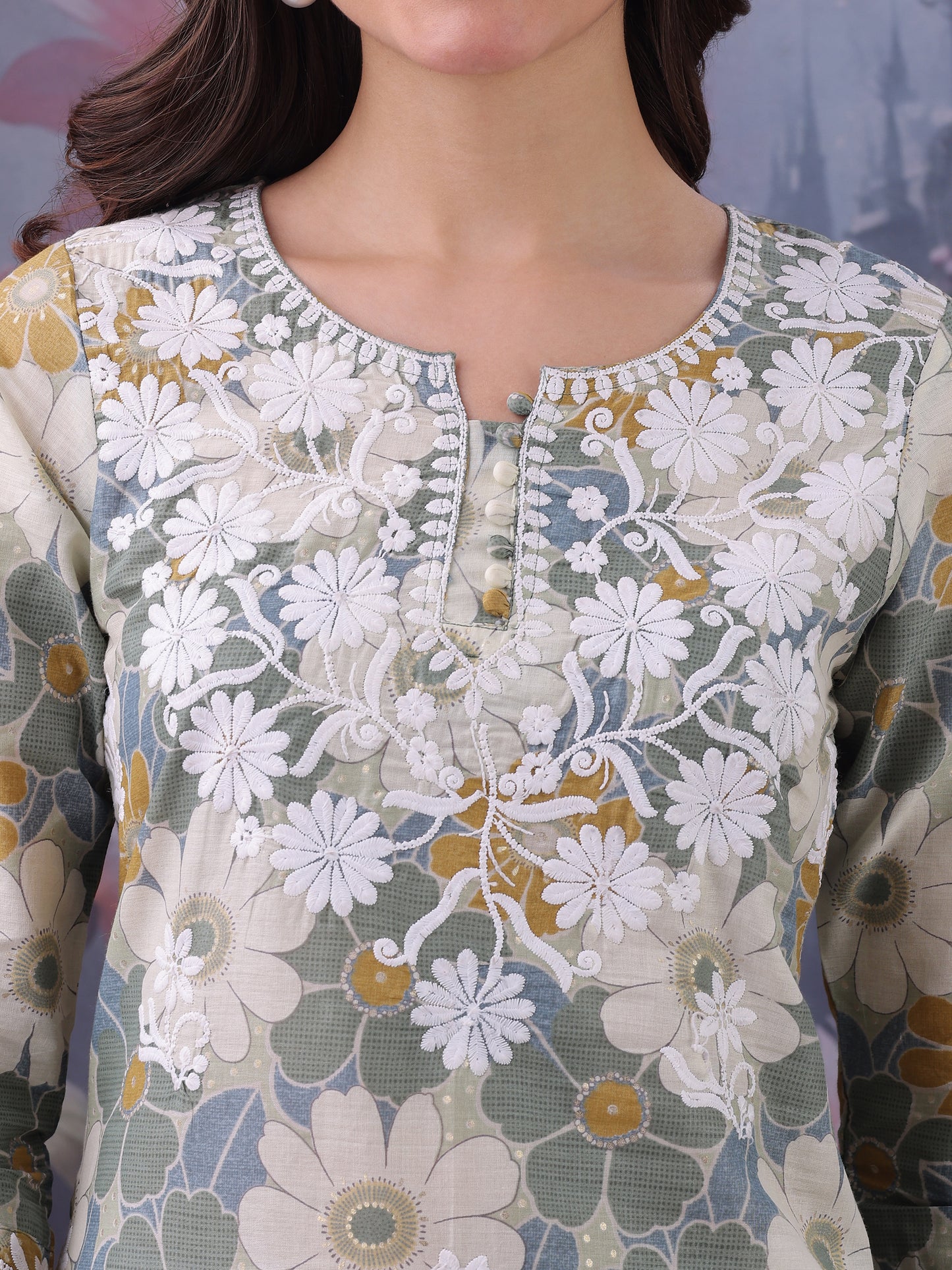 Floral Printed Notch Neck Chikankari Pure Cotton Straight Kurti